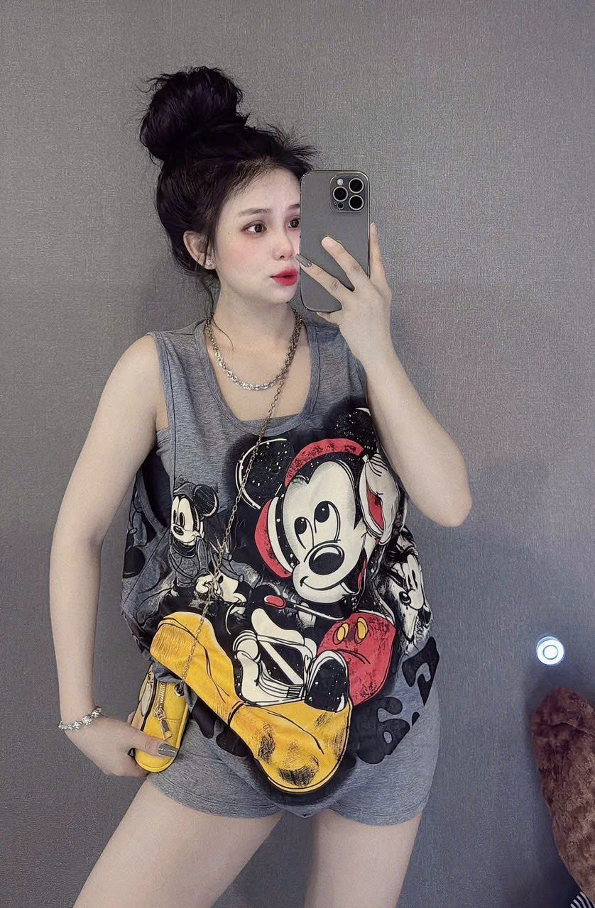 Set 3 món áo ống kèm tanktop mickey mix quần đùi - XÁM - H284