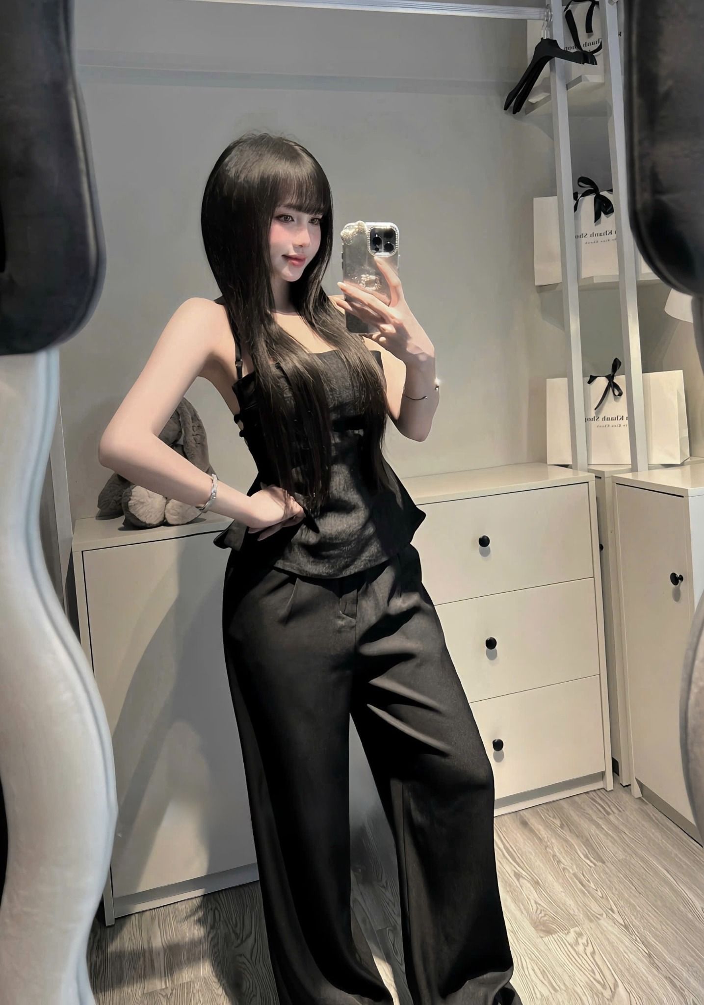 Set áo hở lưng mix quần ống suông sịn sò - ĐEN - H185 (eo S<68, M<72)