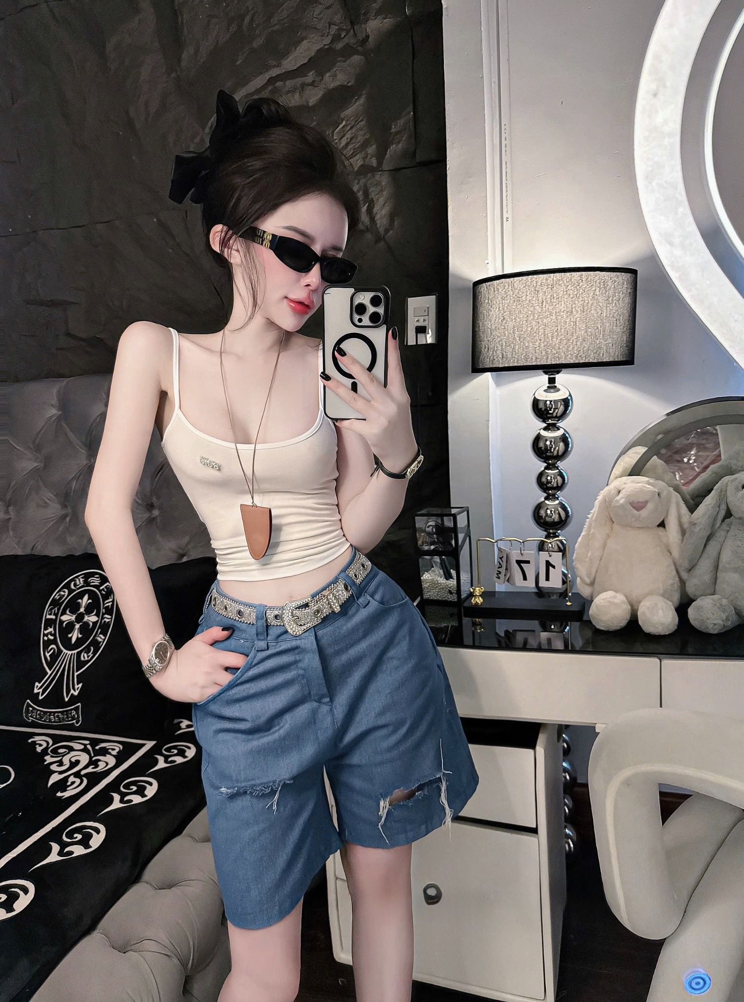 Set 3 món áo hai dây mix quần lửng rách kèm nịt đính đá - XANH - H195 (EO S<68, M<72) TÍNH MÀU QUẦN