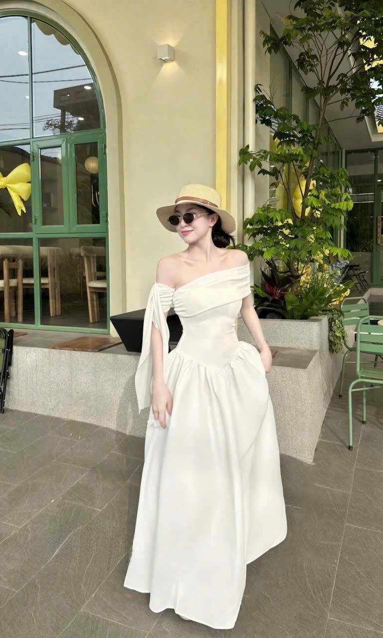 Đầm trễ vai buộc nơ dáng dài xòe thanh lịch - TRẮNG - H189