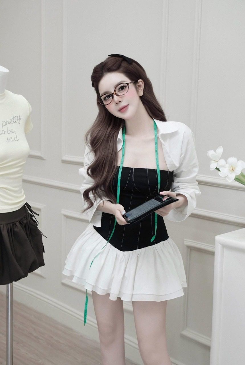 Set 2m đầm quây phối chân xòe kèm khoác kiểu MPB - H306 (eo S<68, M<72)