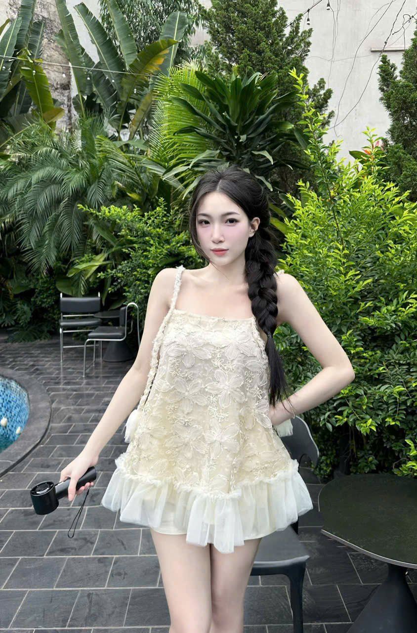 Set áo hai dây babydoll xòe ren phối lưới mix quần short - H338 (EO S<68, M<72)