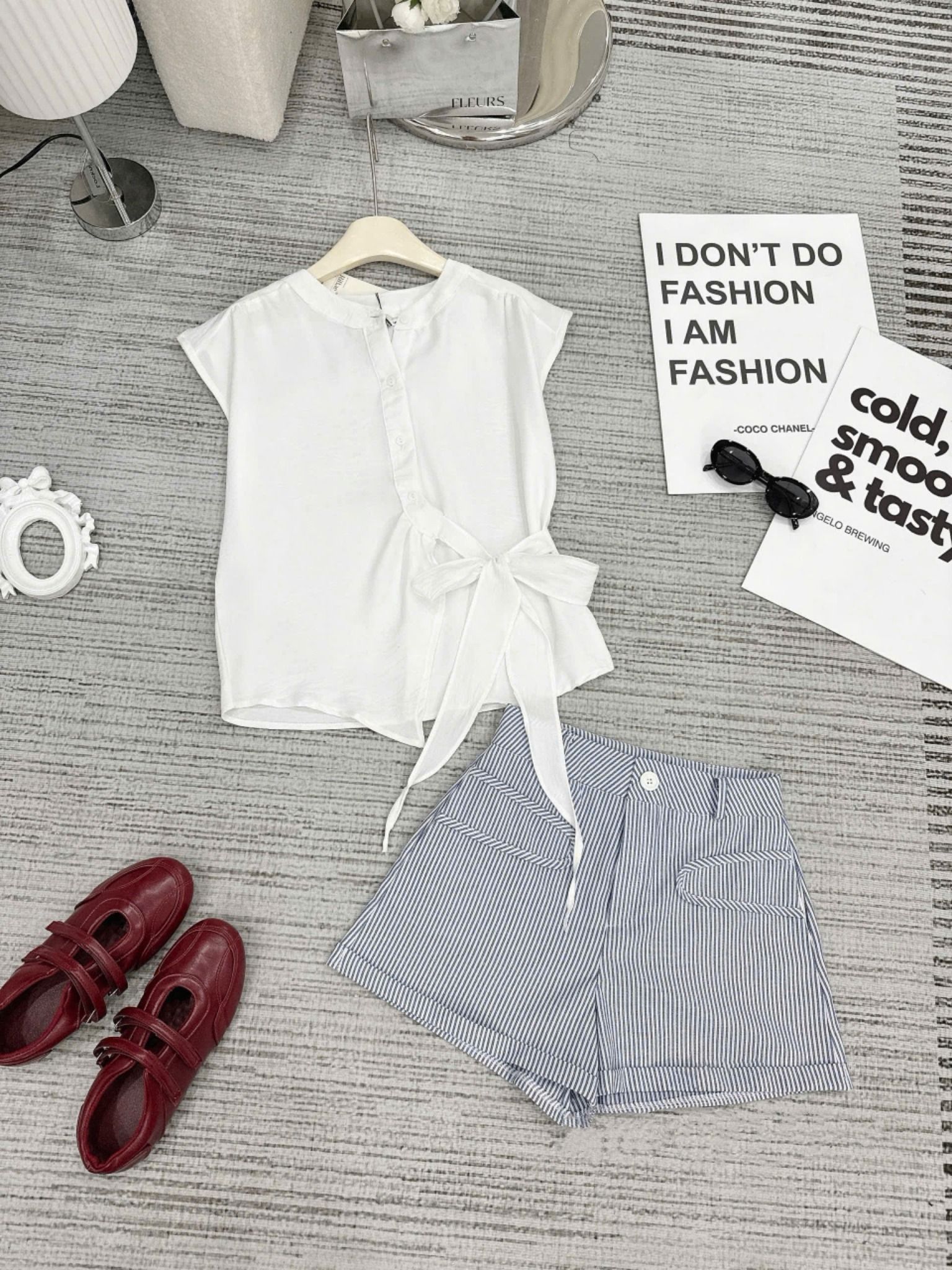 Set áo đũi vân mây buộc dây lệch mix quần short kẻ - H376 (eo S<68, M<72)
