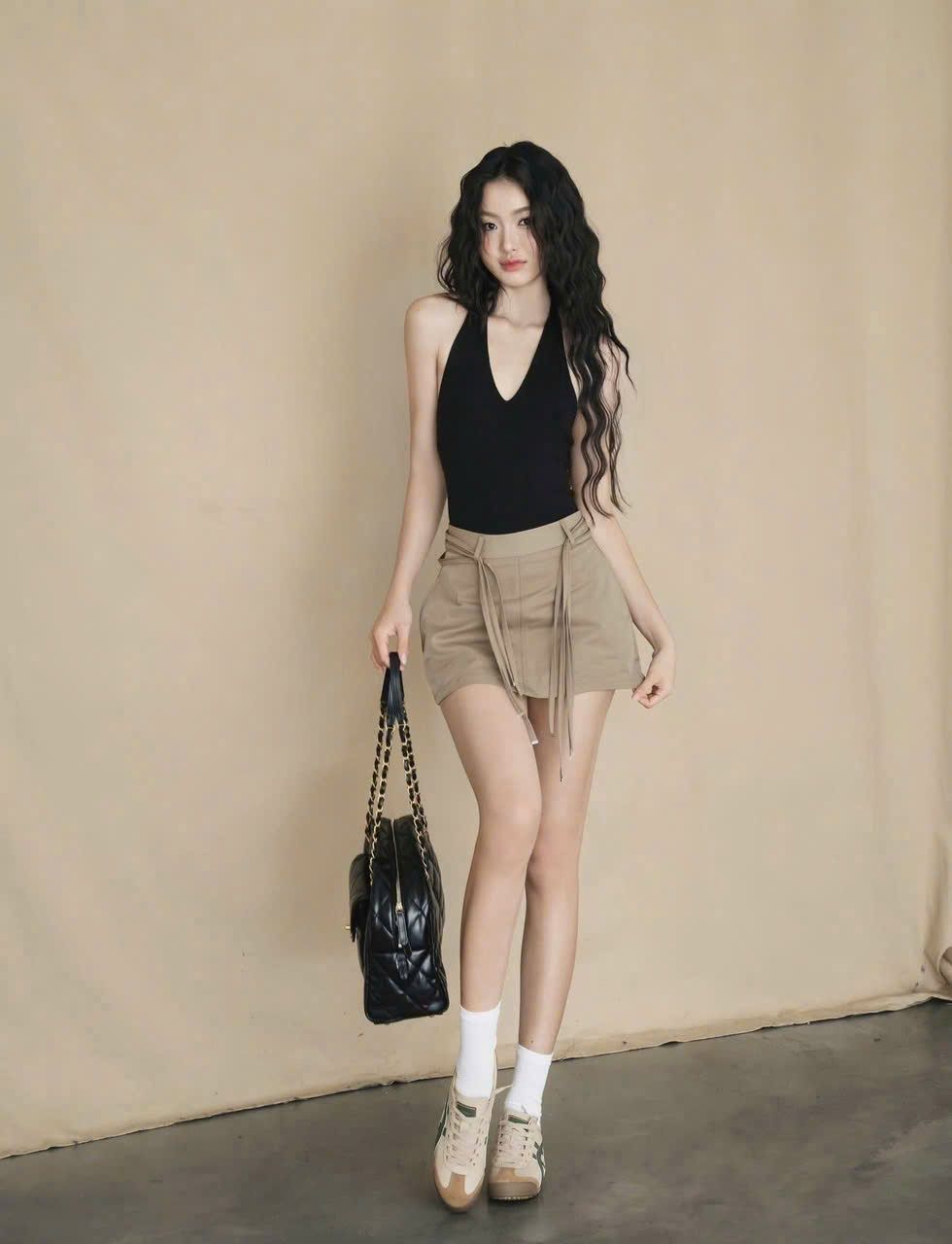 Set áo bodysuit cổ yếm phối chân váy dáng ngắn kèm dây eo - H367 (eo S<68, M<72)