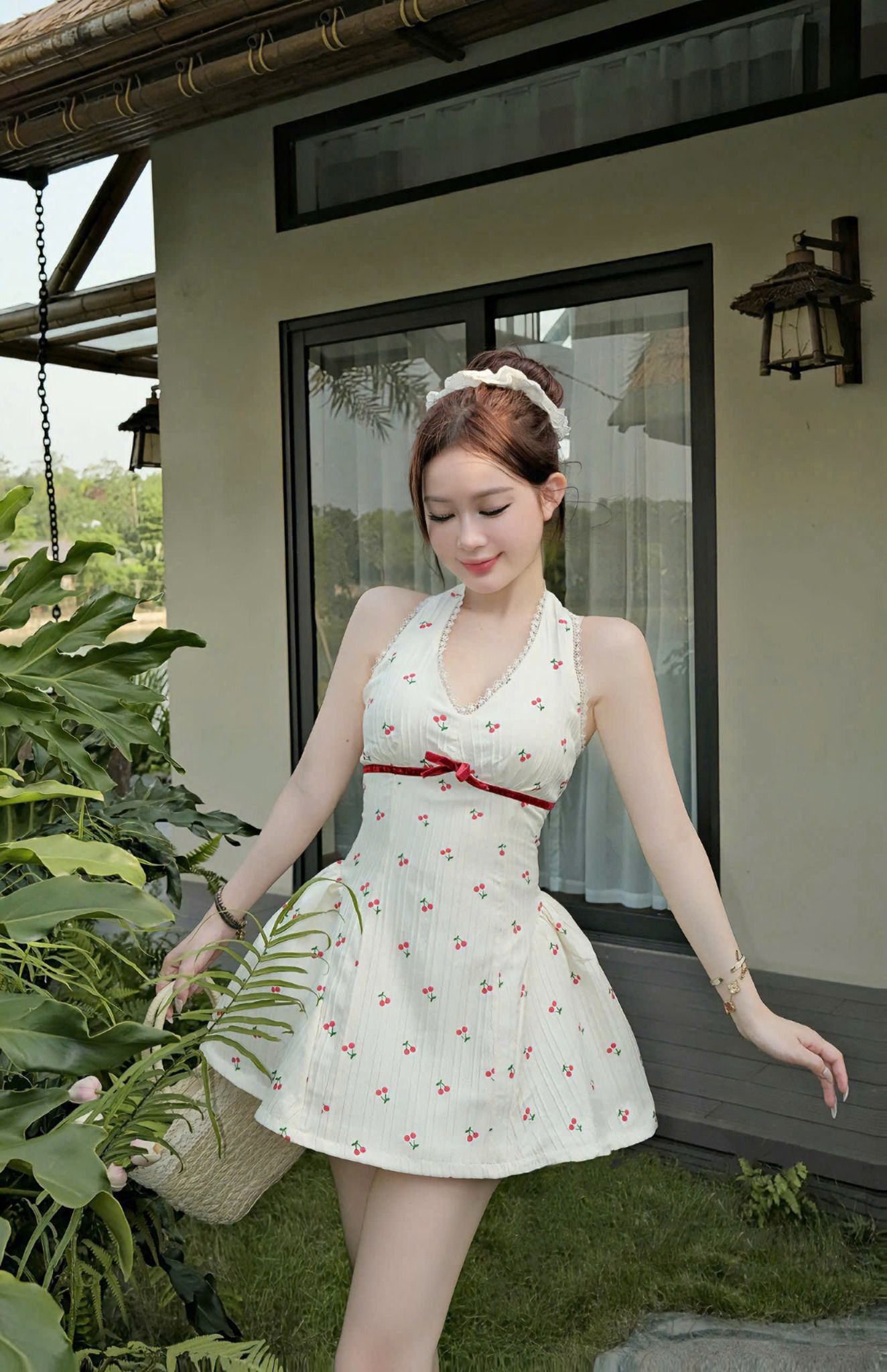 Đầm cổ yếm hở lưng viền ren đính nơ siêu hot - CHERRY ĐỎ - T45 (EO S<68, M<72)
