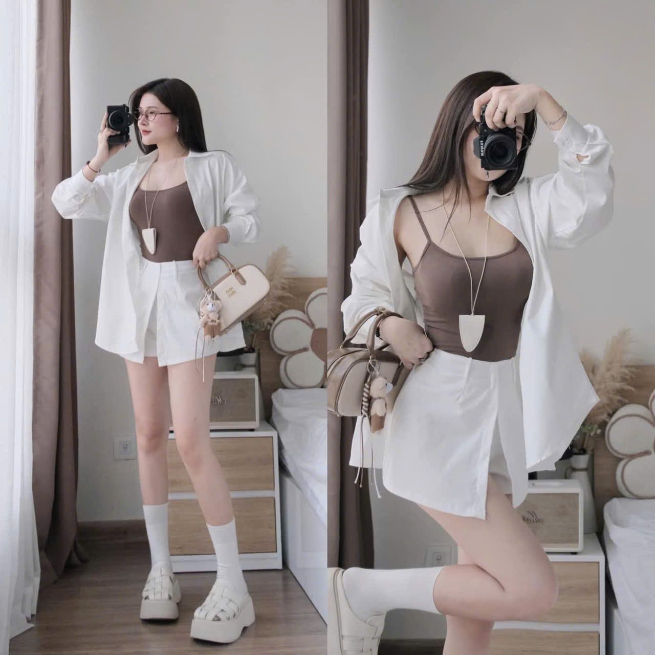 Set 3 món áo hai dây phối áo sơ mi mix quần giả váy đắp vạt đính nút - TRẮNG - T87 (EO S<68, M<72)