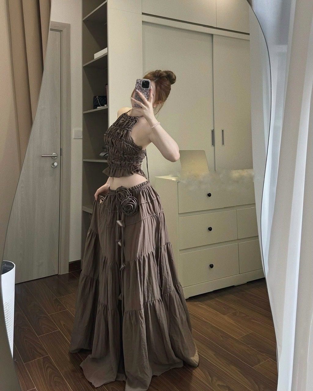 Set áo yếm nhún mix chân váy suông dài đính hoa - T121
