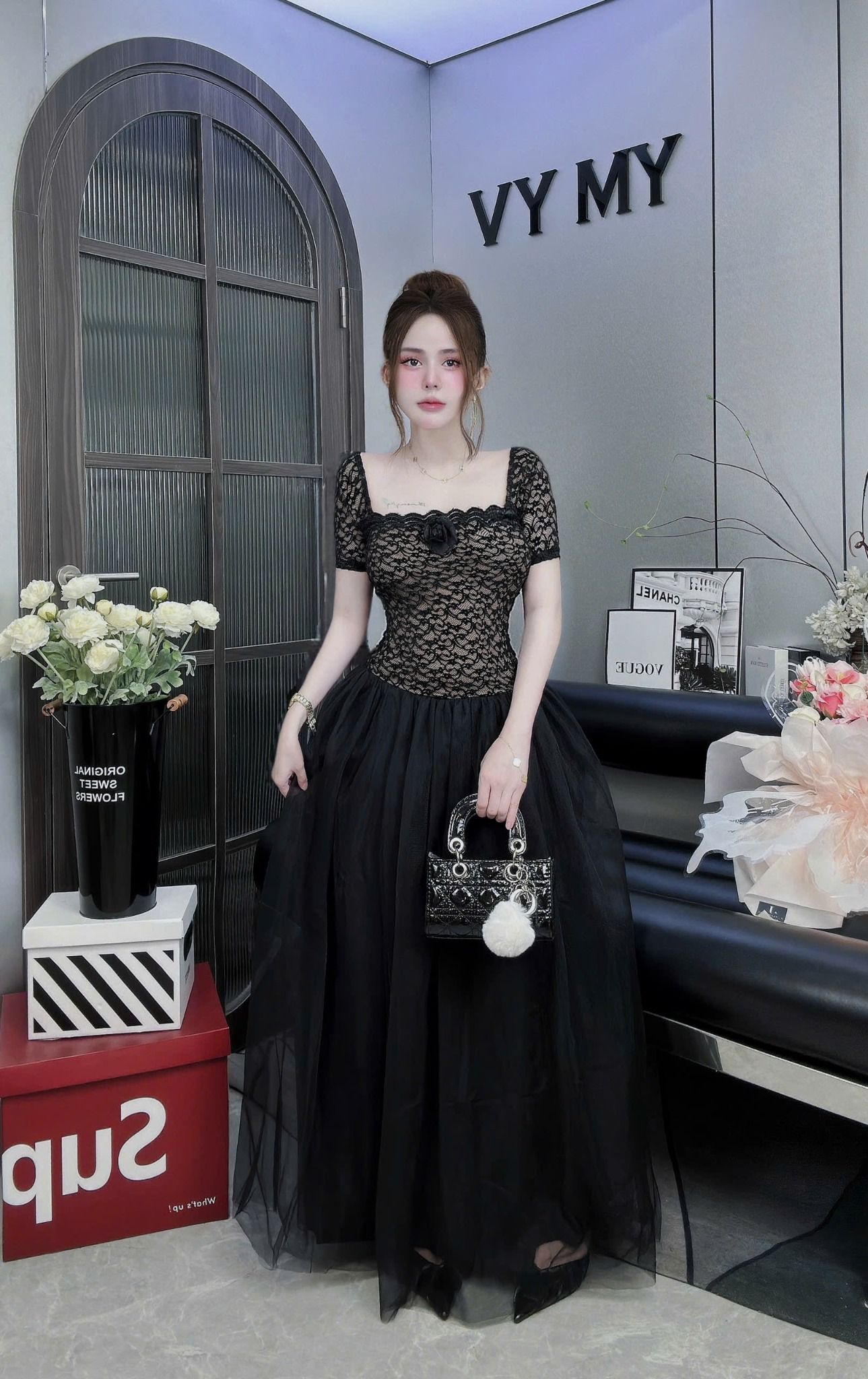 Váy maxi ren phối chân lưới công chúa kèm đai xích và tag hoa - ĐEN - T128 (eo S<68, M<72 co dãn nhẹ) - HÀNG SALE LỖ KO ĐỔI TRẢ DƯỚI MỌI HÌNH THỨC Ạ