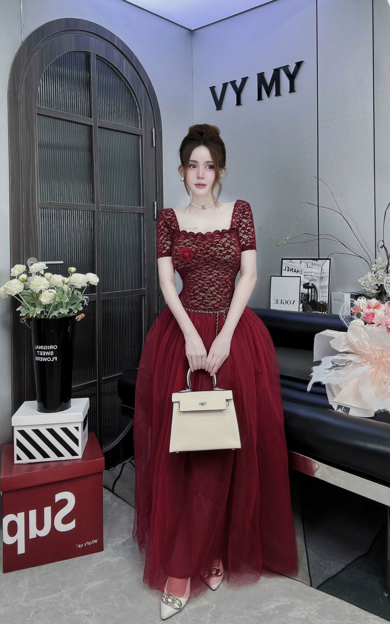 Váy maxi ren phối chân lưới công chúa kèm đai xích và tag hoa - ĐỎ - T127 (eo S<68, M<72 co dãn nhẹ) - HÀNG SALE LỖ KO ĐỔI TRẢ DƯỚI MỌI HÌNH THỨC Ạ