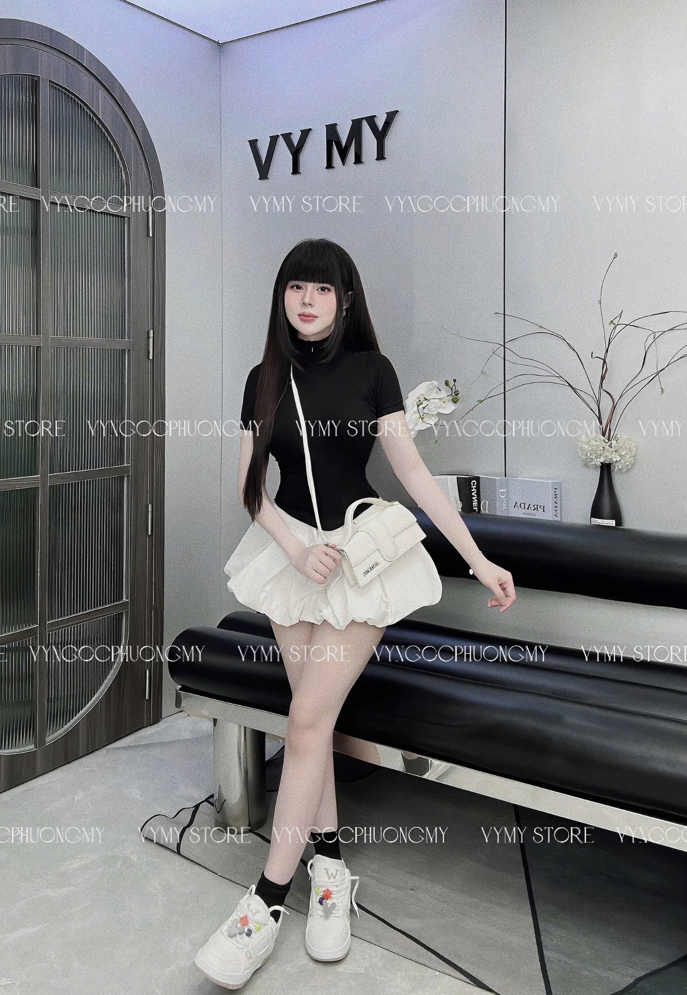 Set áo cổ đức phối dây kéo nhún eo mix chân váy bí - ĐEN - Z90 (tính màu áo) (eo S <66, M<70)( HÀNG SALE KH ĐỔI TRẢ )