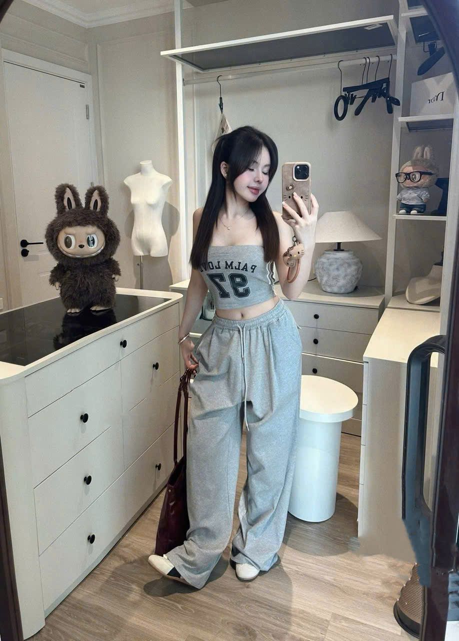 Set áo quây số 97 mix quần suông dáng dài phong cách - XÁM - T169