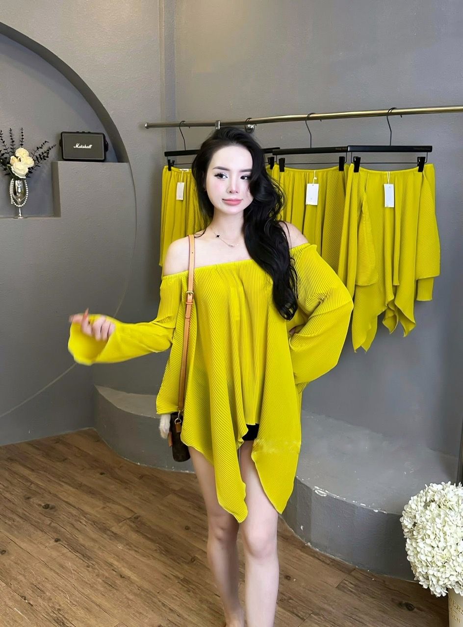 Áo tay dài trễ vai dập li vạt nhọn diện được 2 kiểu - T186