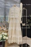 Váy maxi tay dài cổ điển ren lưới đính nút ngọc dáng dài kèm dây thắt eo hàng cao cấp fullbox - T211