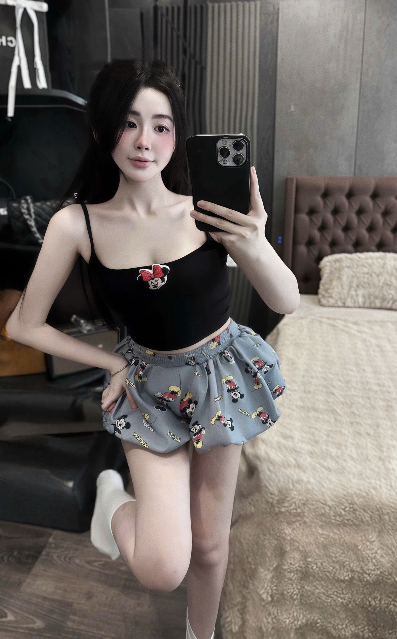 Set áo hai dây mix quần bí họa tiết mickey kèm tag - ĐEN - T204 (TÍNH MÀU ÁO)