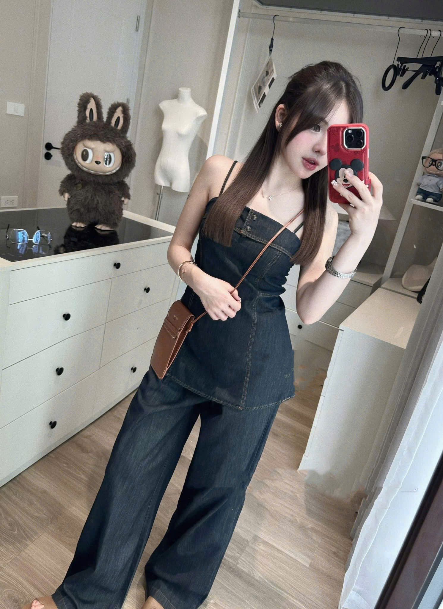 Set bò demin hai dây phối nút mix quần suông dáng dài - T253