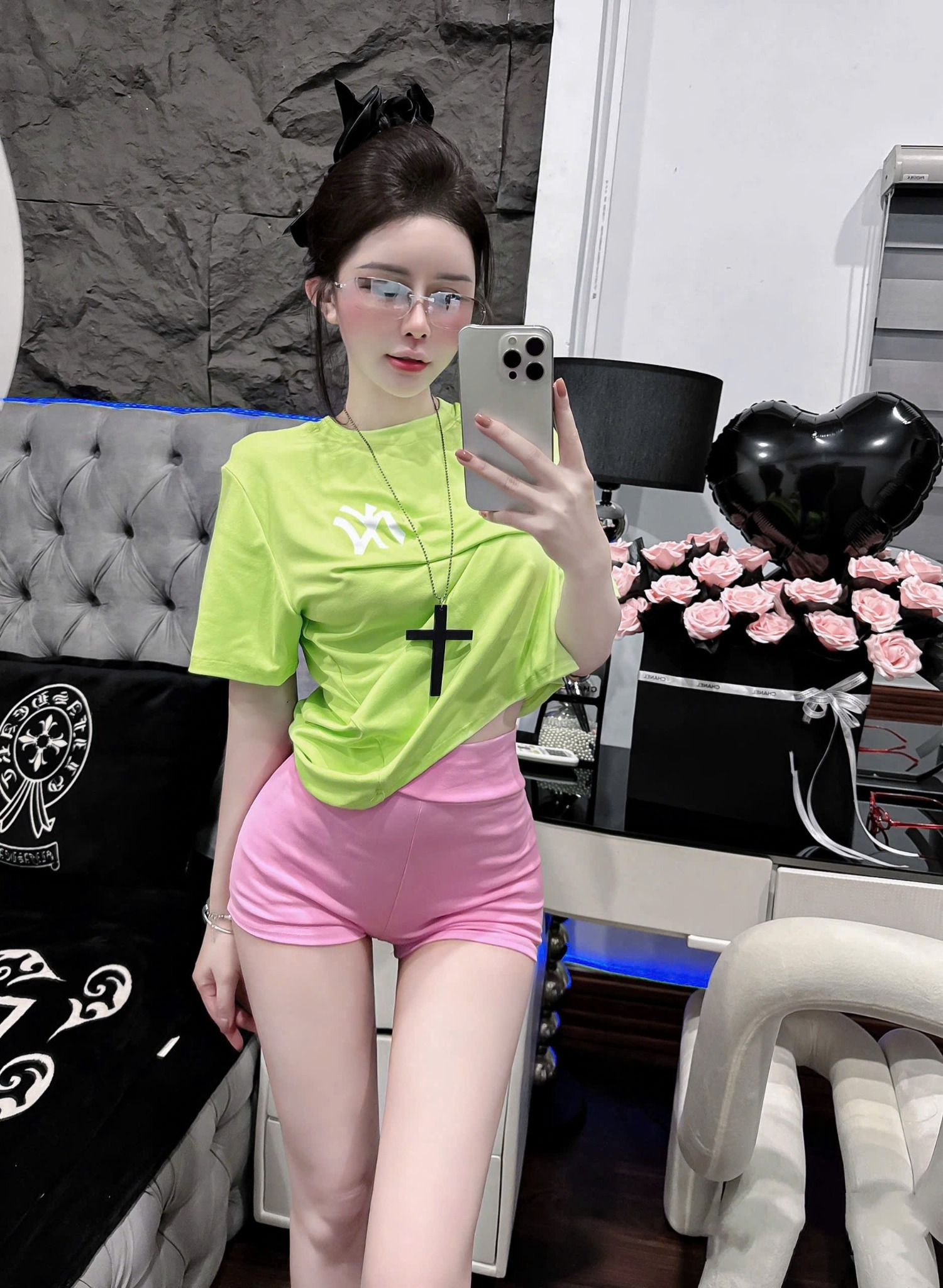 Set áo phông chữ LA mix quần short body - XANH - T276 (TÍNH MÀU ÁO)