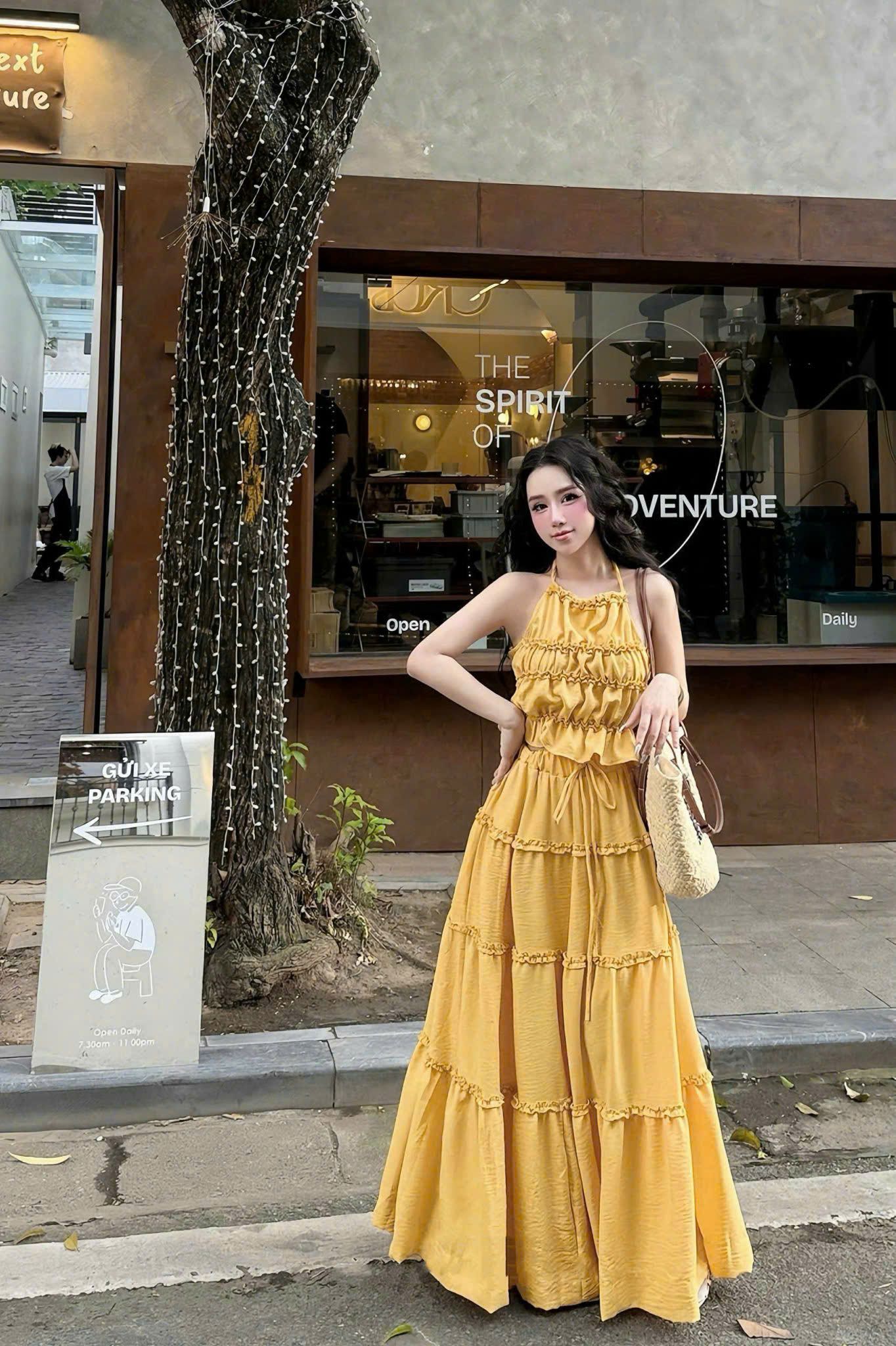 Set áo yếm nhún mix chân váy suông dáng dài - T283
