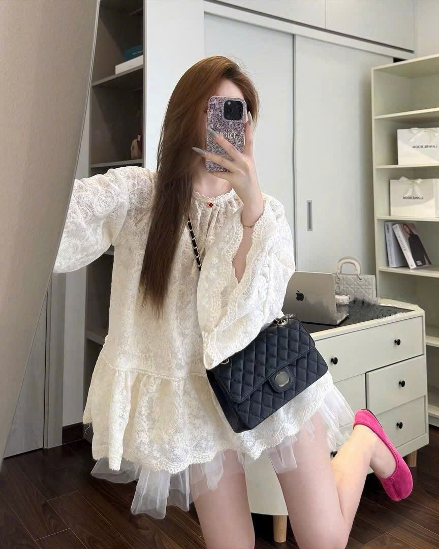 Đầm babydoll tay loe mix áo lót 2s trong liền tiểu thư - T479