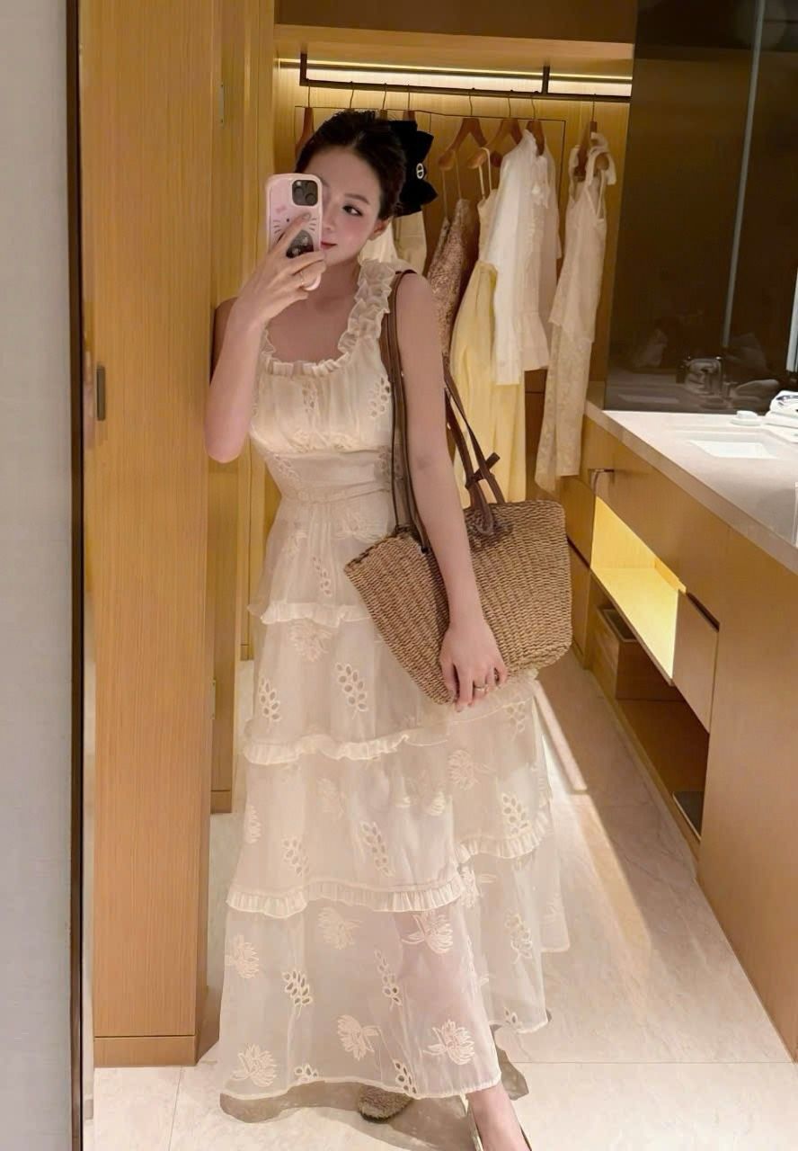 Váy maxi thêu hoa khoét lưng buộc nơ dáng dài siêu xinh - T503 (eo S<68, M<72)