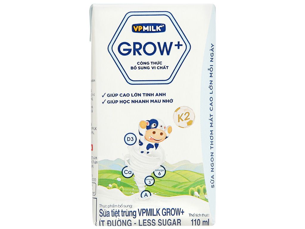 SỮA TIỆT TRÙNG VPMILK GROW+ÍT ĐƯỜNG - LESS SUGAR 110ML (KKM)