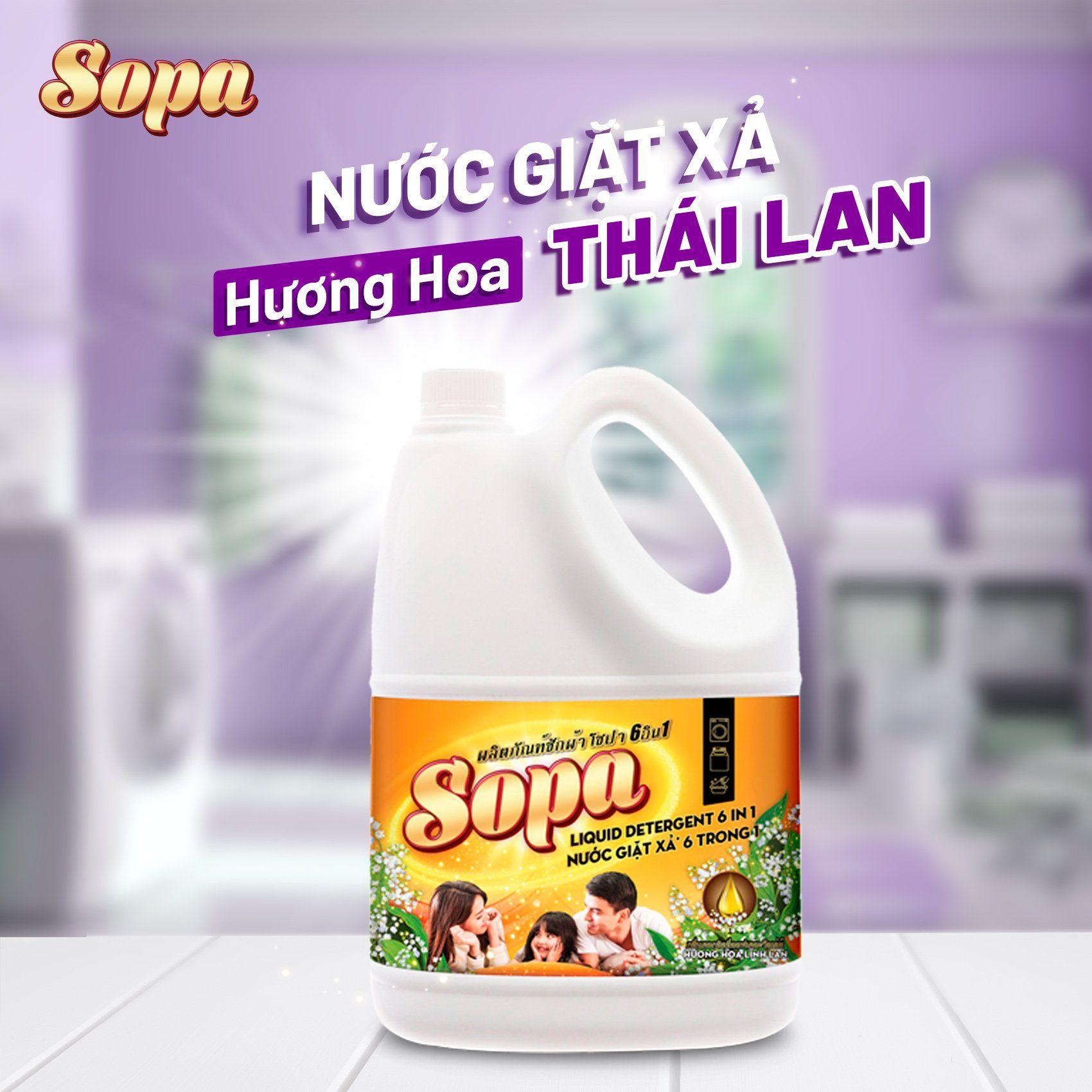 NƯỚC GIẶT XẢ SOPA 6 TRONG 1 HƯƠNG HOA LINH LAN 3 CAN X 3.4KG