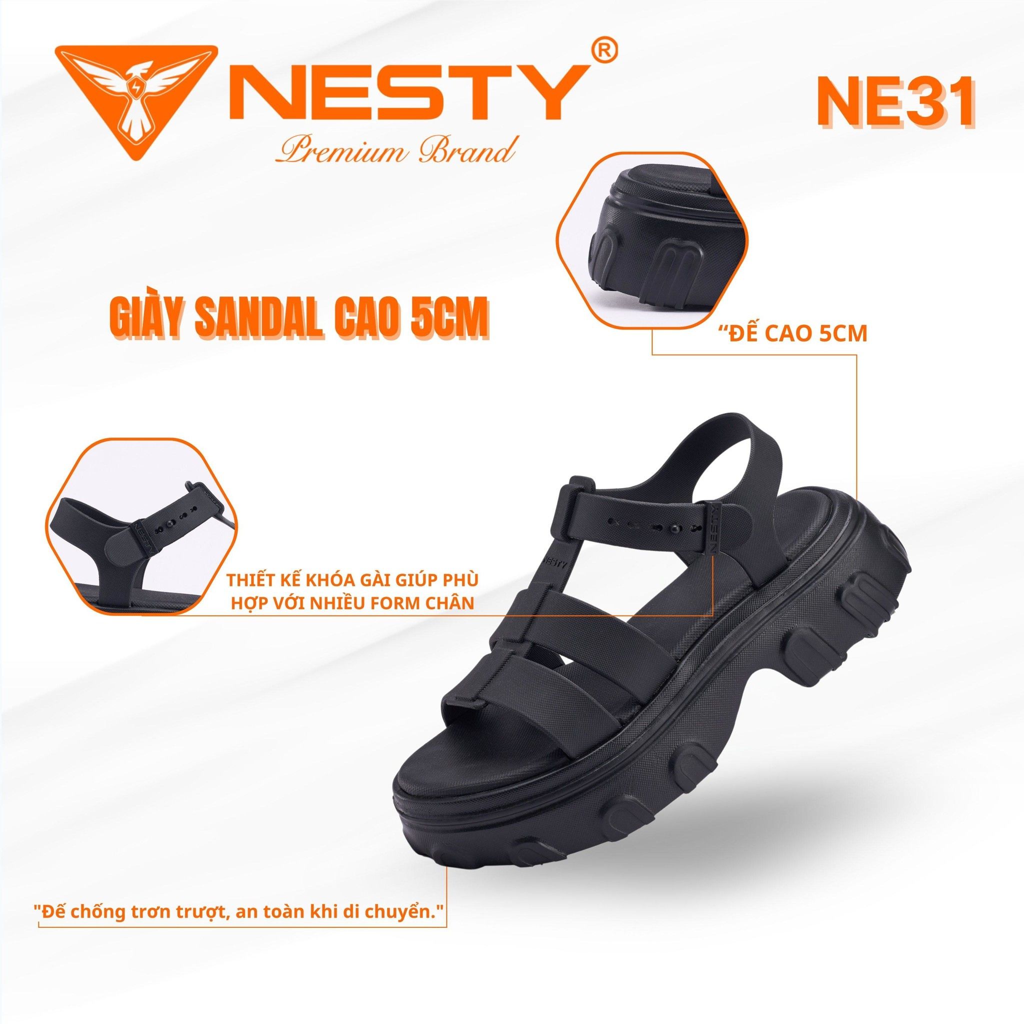 DÉP SANDAL ĐẾ CAO QUAI NGANG CAO CẤP THƯƠNG HIỆU NESTY MÃ NE31