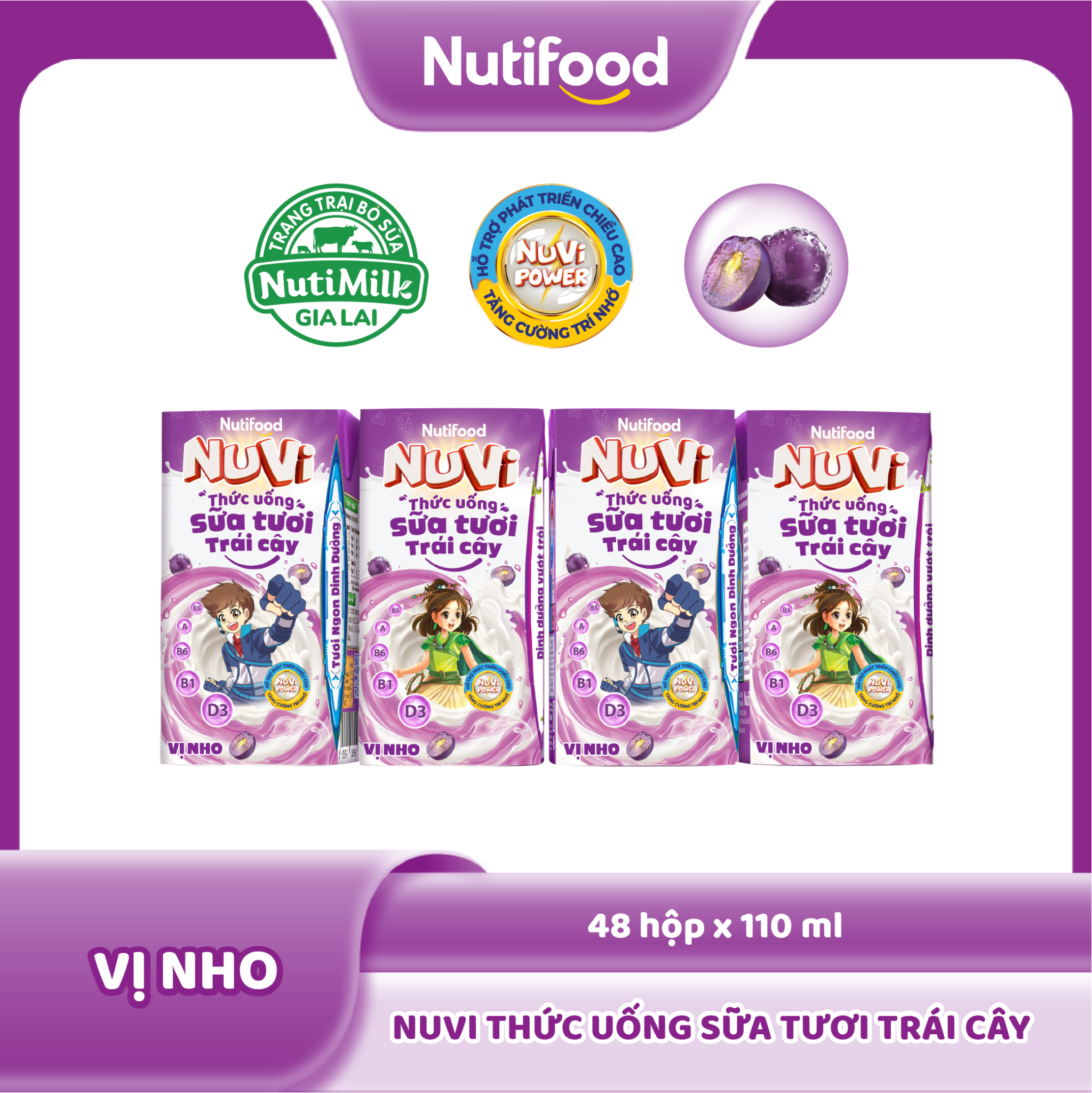 NuVi Thức Uống Sữa Tươi Trái Cây Vị Nho 110ml