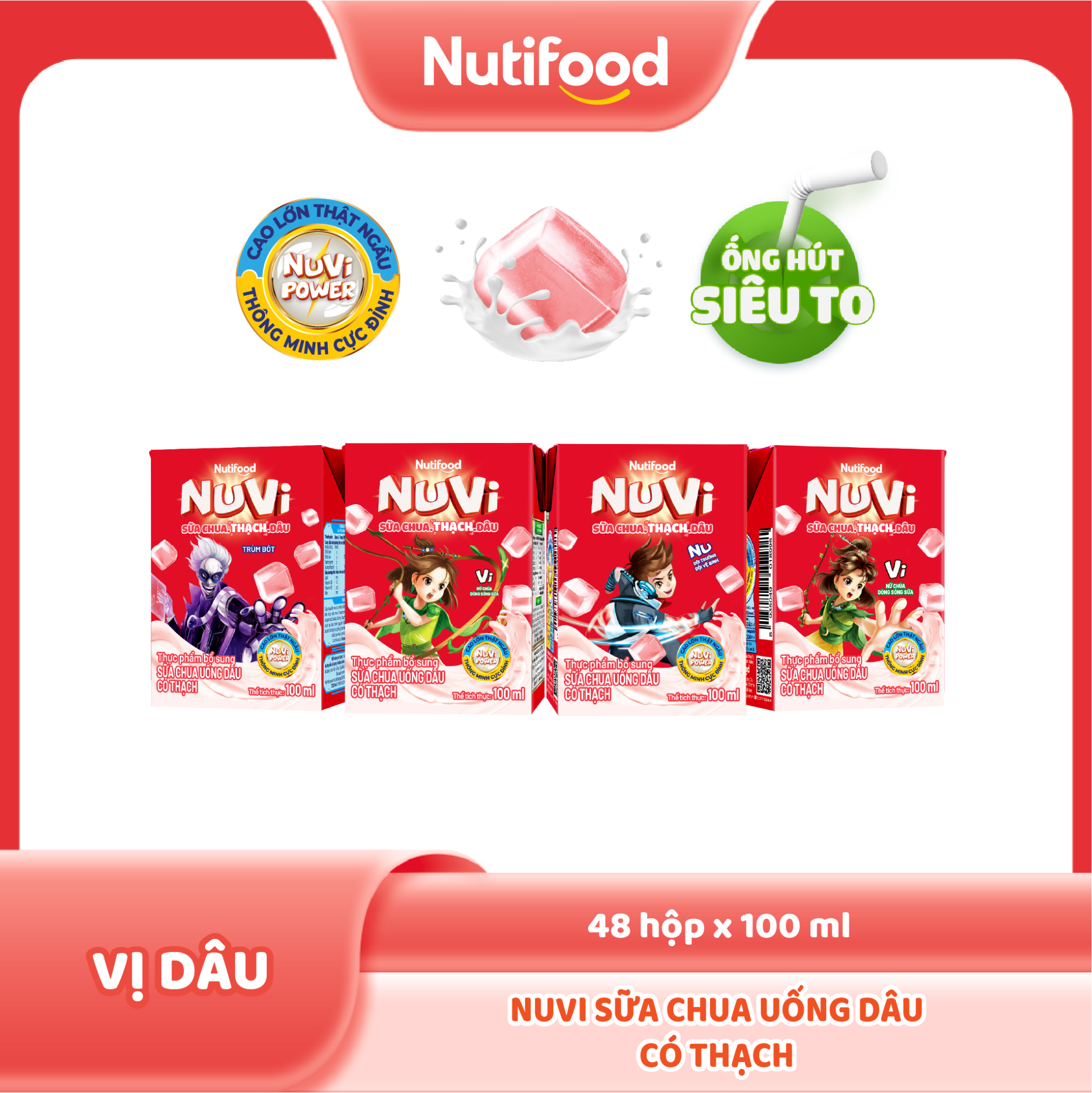 NuVi Thức Uống Sữa Trái Cây Hương Dâu Có Thạch Hộp 100 ml