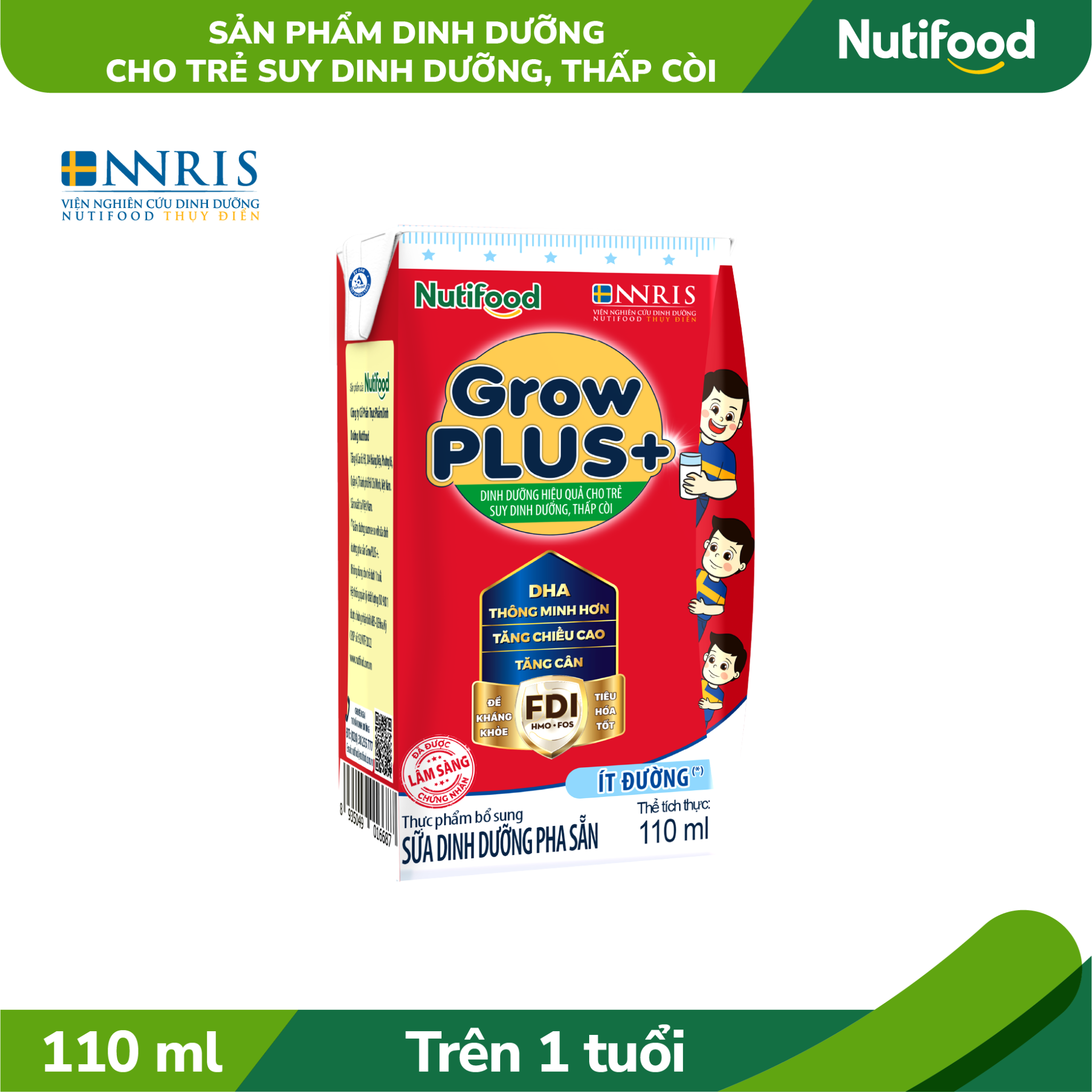 Sữa Bột Pha Sẵn Nutifood GrowPLUS+ Suy Dinh Dưỡng Ít Đường trên 1 tuổi 110ml