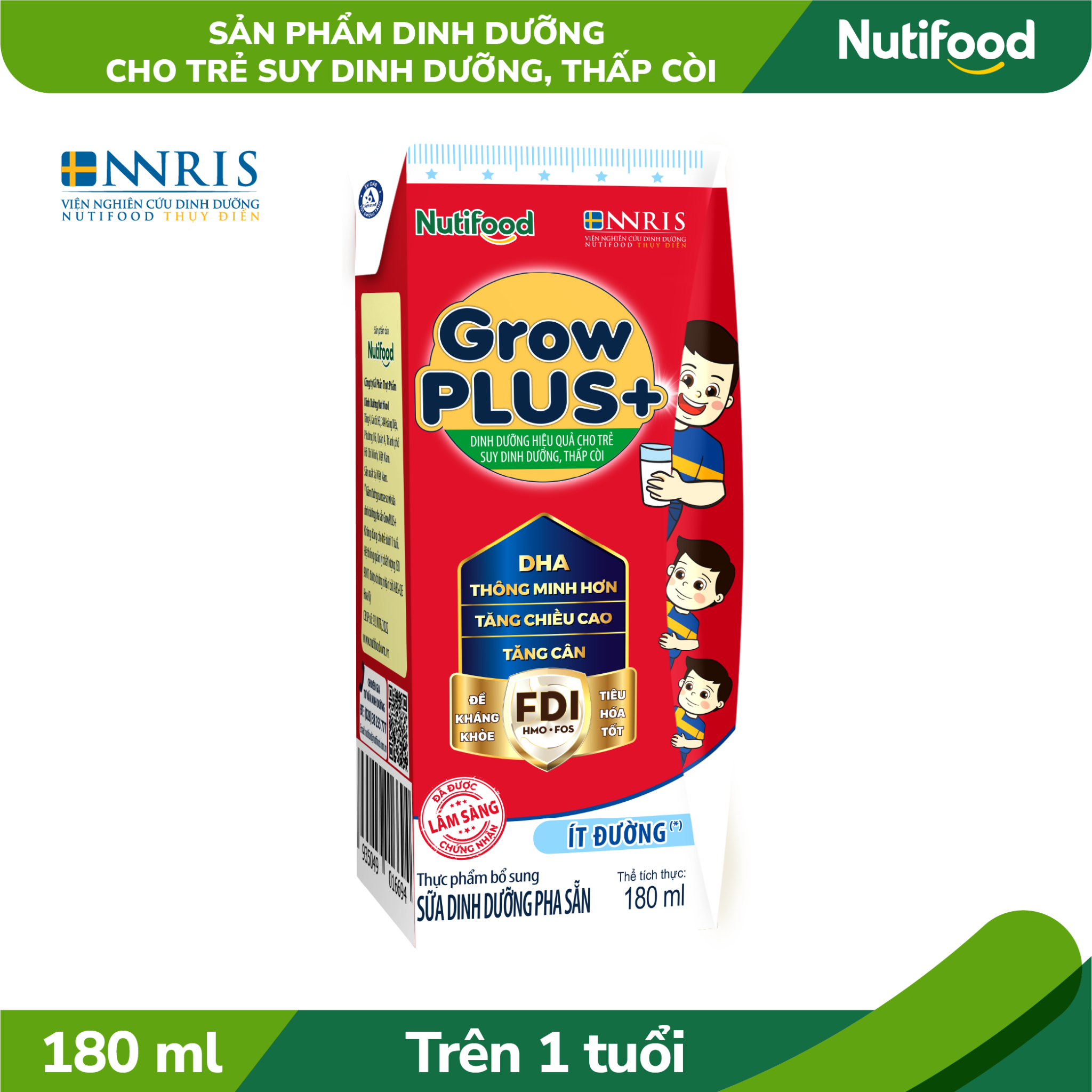 Sữa Bột Pha Sẵn Nutifood GrowPLUS+ Suy Dinh Dưỡng Ít Đường trên 1 tuổi 180ml