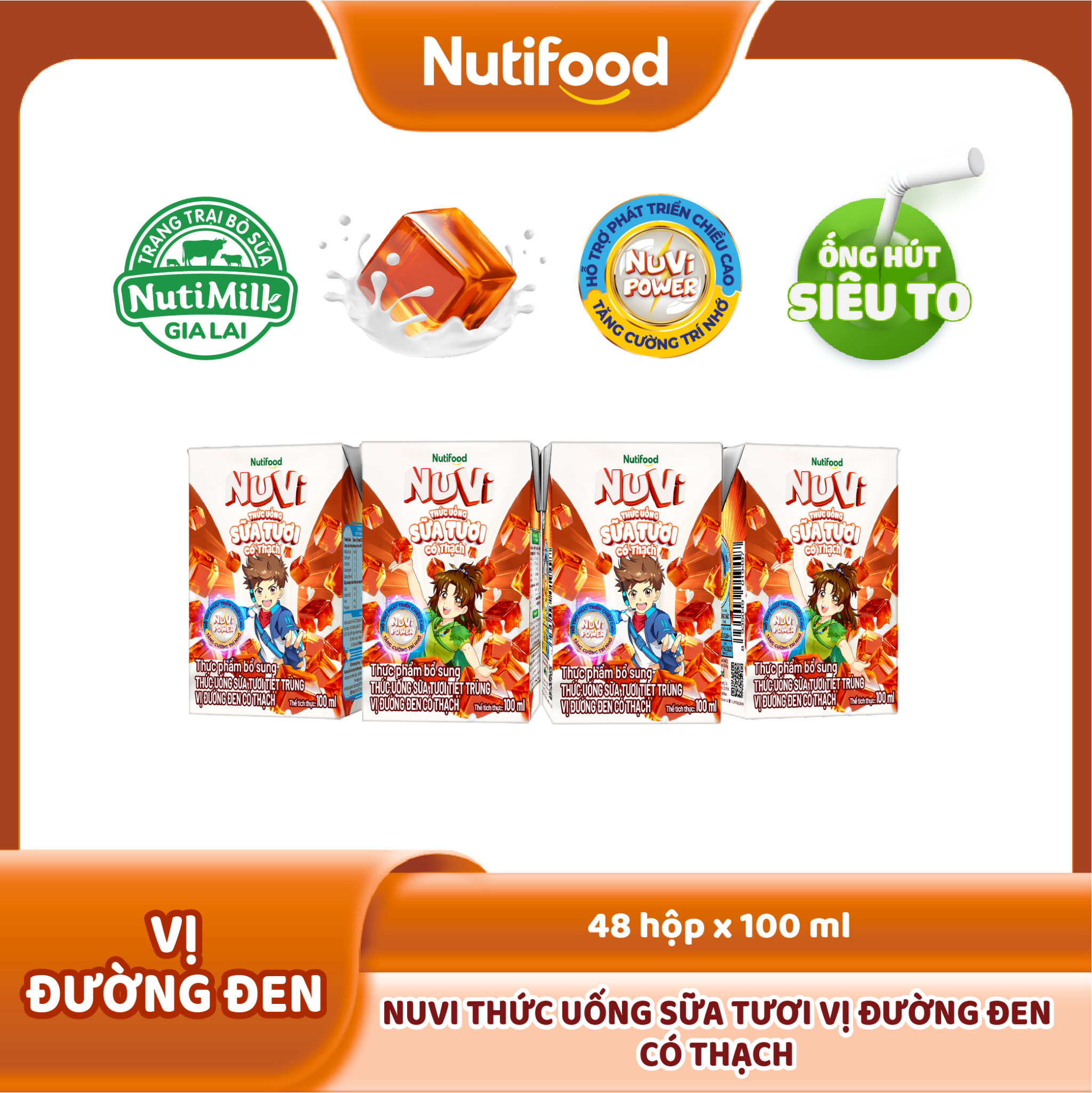 NuVi Thức Uống Sữa Tươi Tiệt Trùng Vị Đường Đen Có Thạch 100 ml