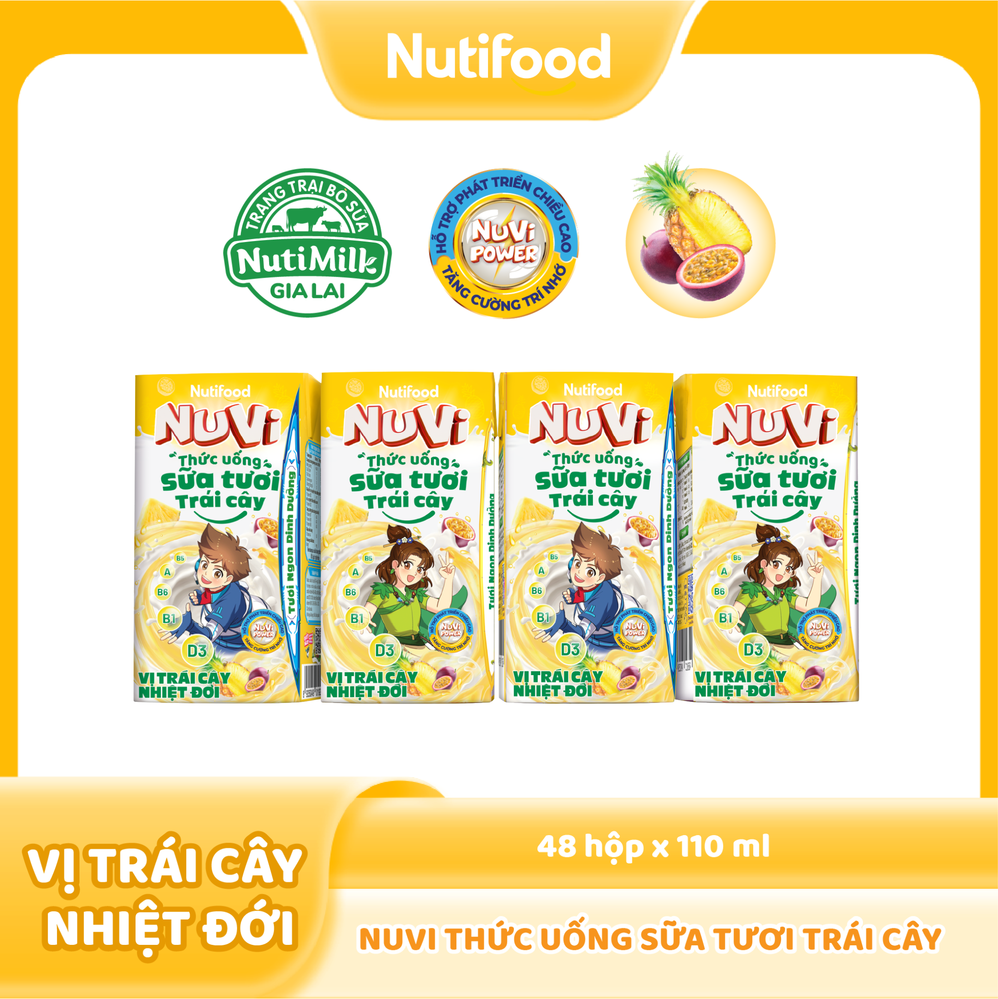 NuVi Thức Uống Sữa Tươi Trái Cây Vị Trai Cây Nhiệt Đới 110ml