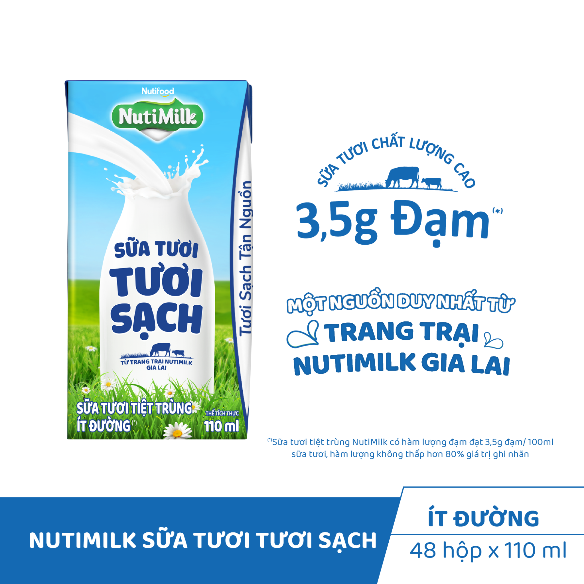 NutiMilk Sữa Tươi Tươi Sạch Ít Đường - Hộp 110ml