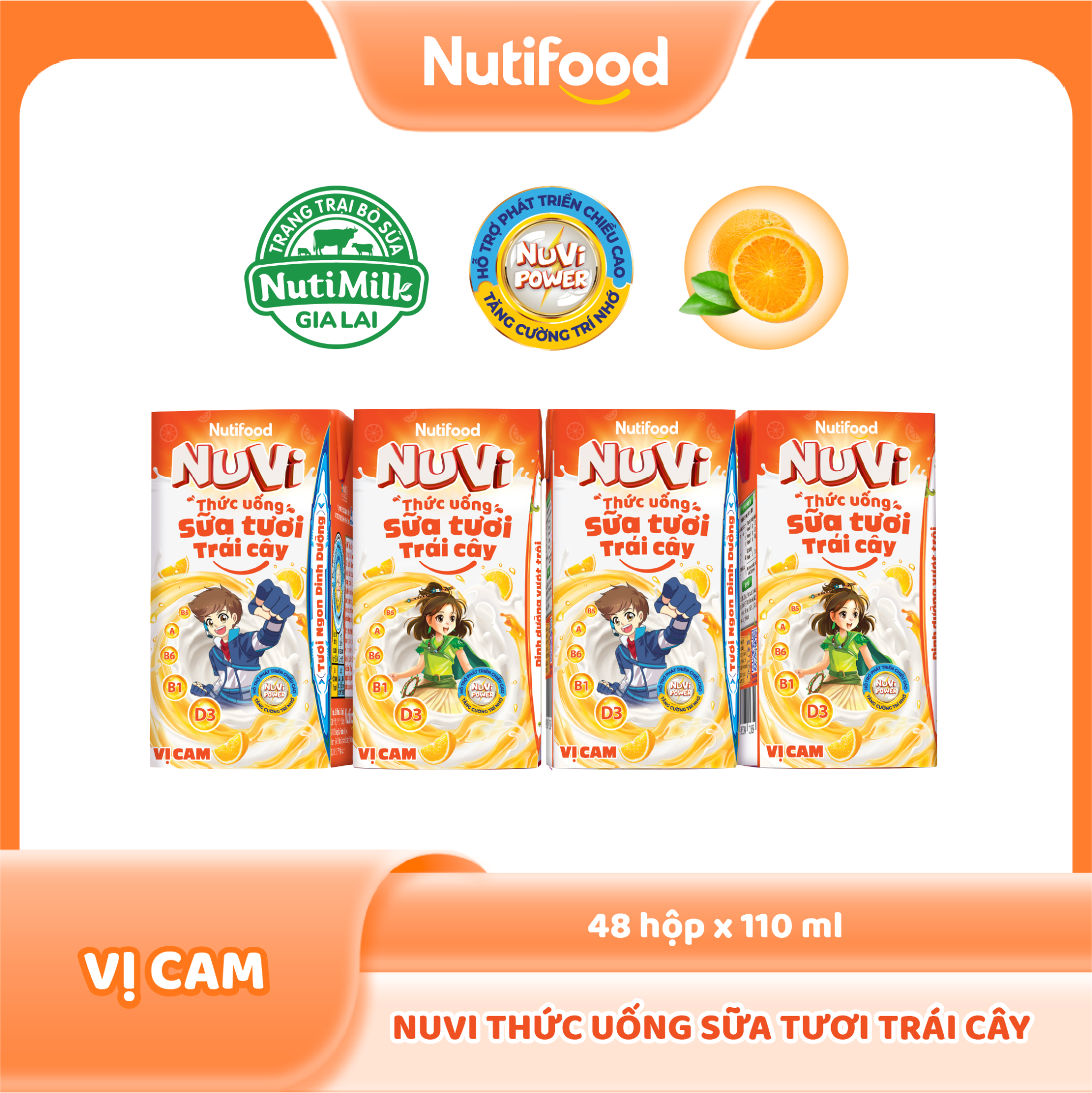 NuVi Thức Uống Sữa Tươi Trái Cây Vị Cam 110ml