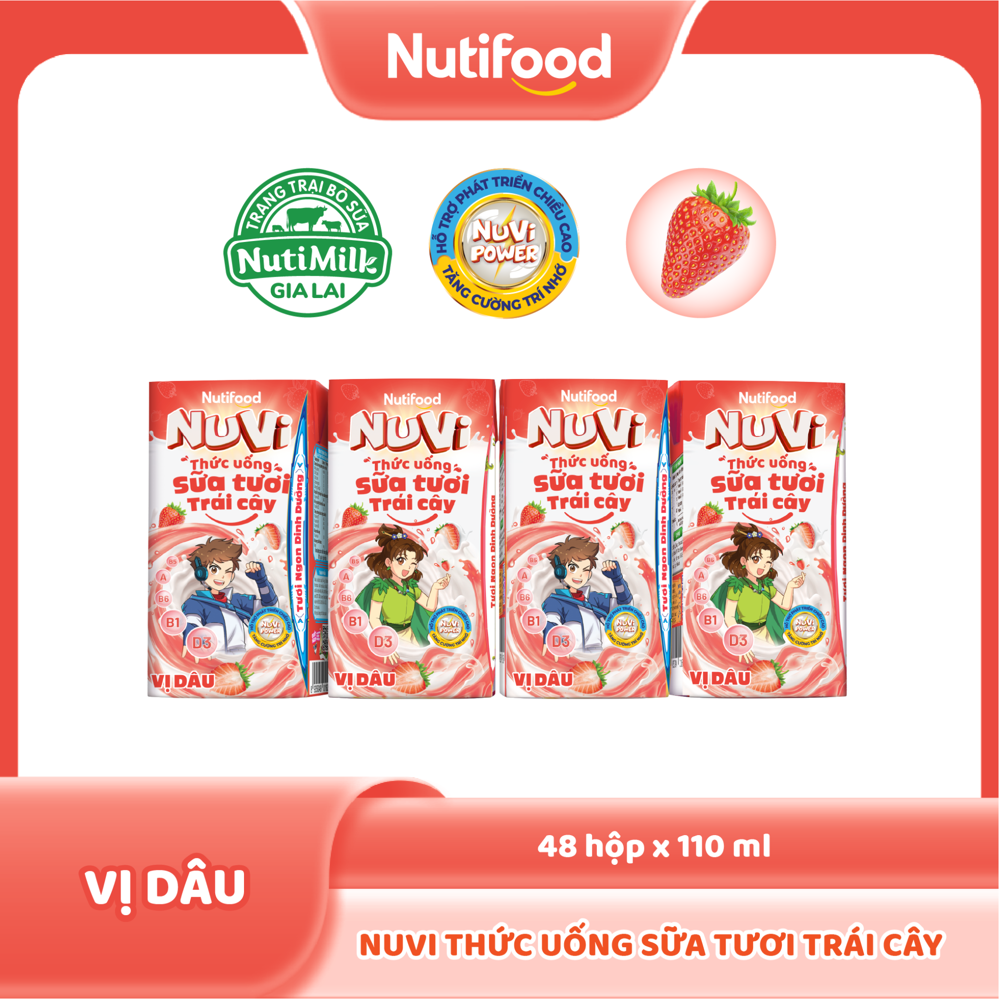 NuVi Thức Uống Sữa Tươi Trái Cây Vị Dâu 110ml