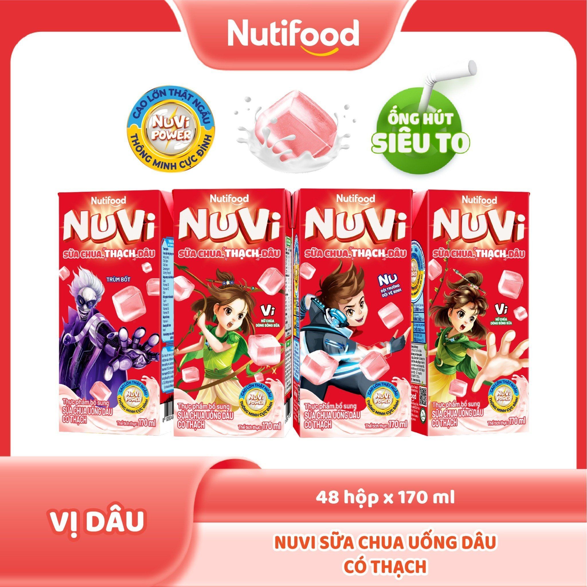 NuVi Thức Uống Sữa Trái Cây Hương Dâu Có Thạch Hộp 170 ml