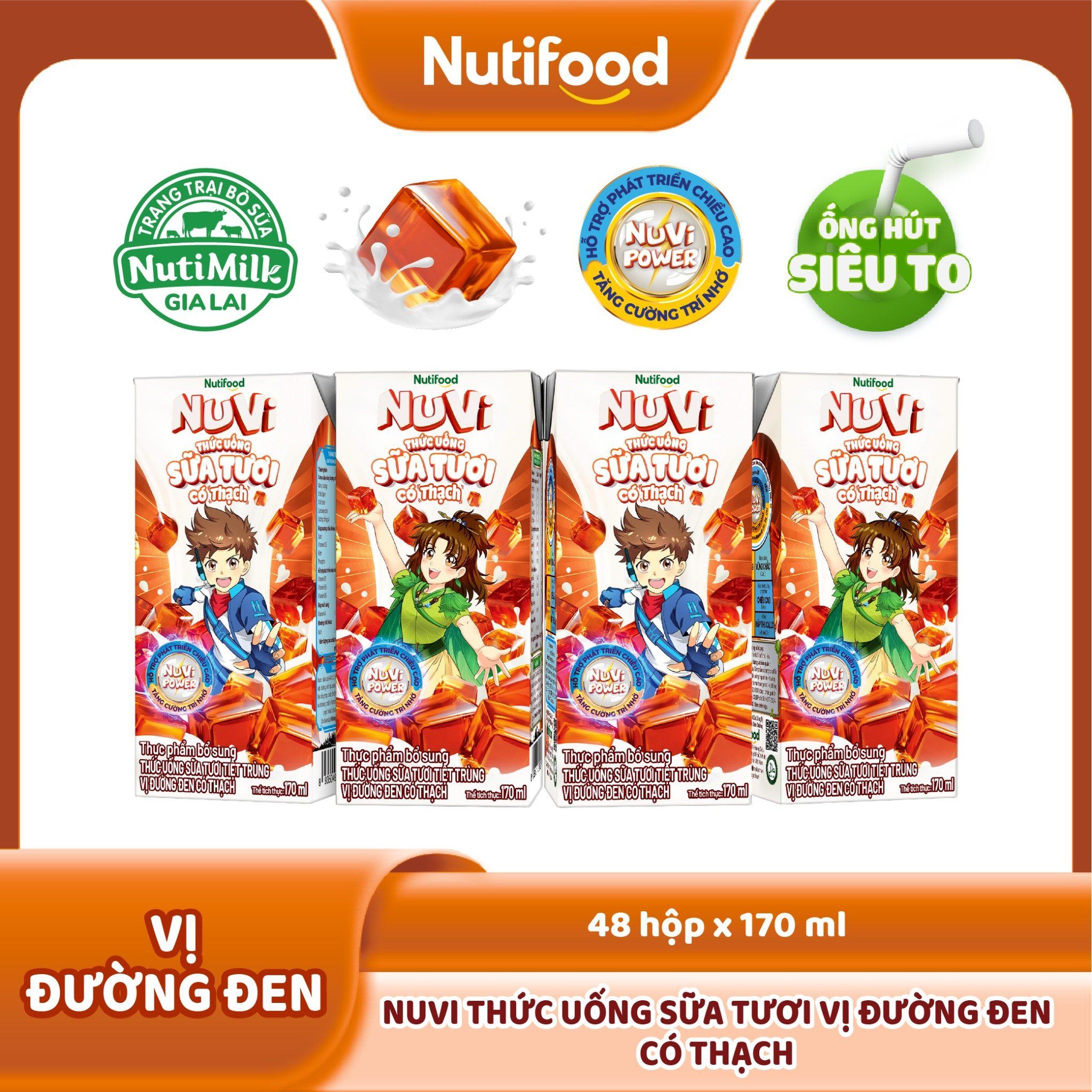 NuVi Thức Uống Sữa Tươi Tiệt Trùng Vị Đường Đen Có Thạch 170 ml