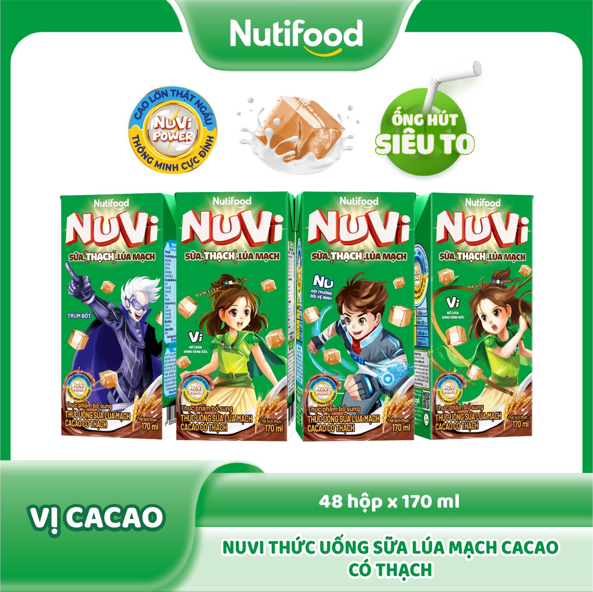 NuVi Thức Uống Sữa Lúa Mạch Cacao Có Thạch Hộp 170 ml