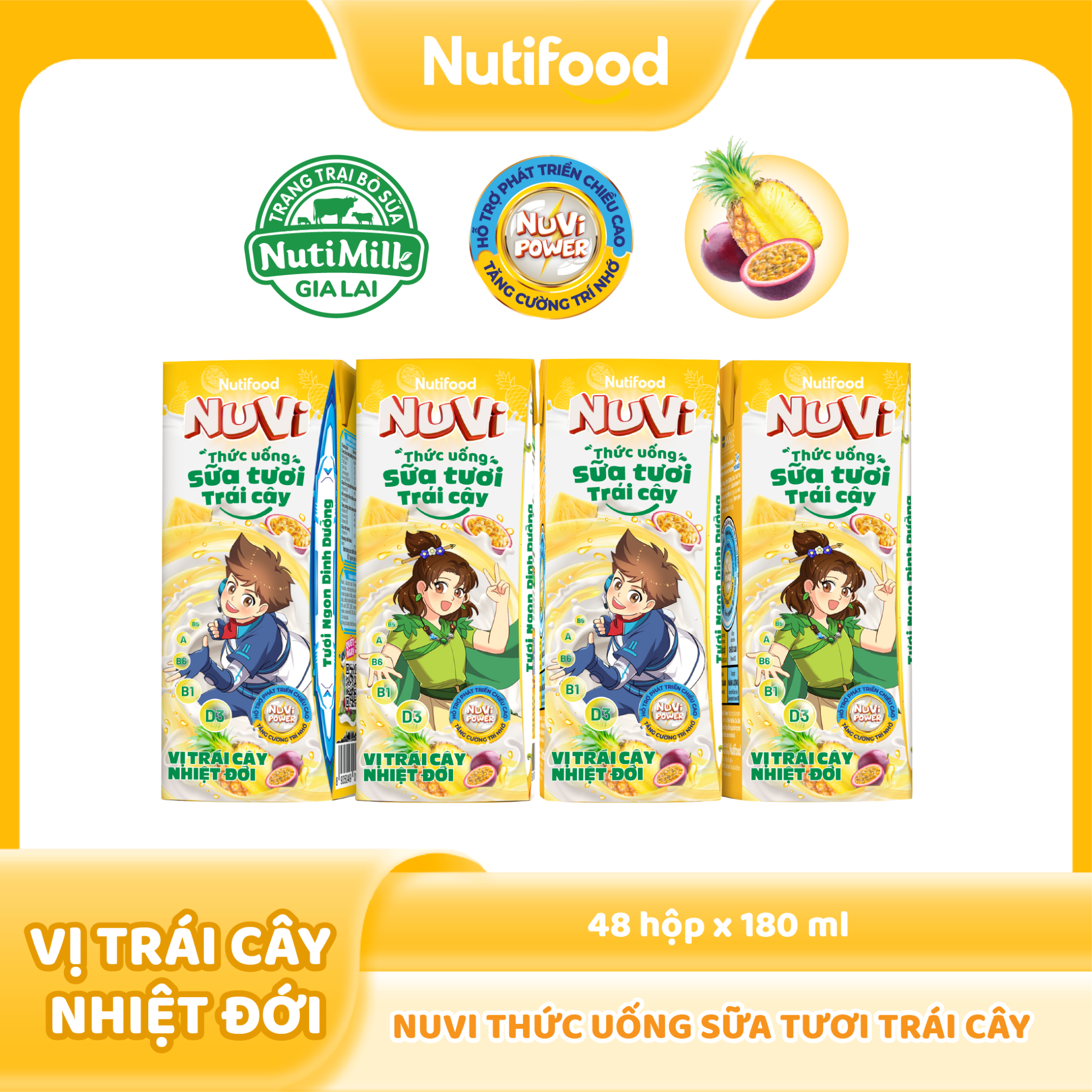 NuVi Thức Uống Sữa Tươi Trái Cây Vị Trai Cây Nhiệt Đới 180ml