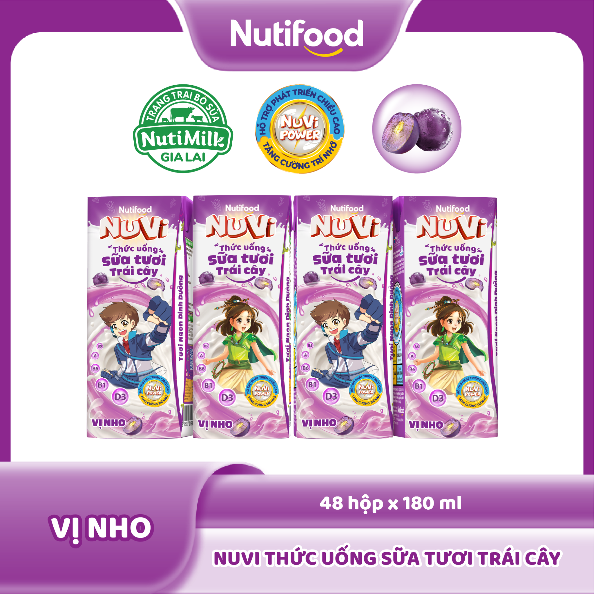 NuVi Thức Uống Sữa Tươi Trái Cây Vị Nho 180ml
