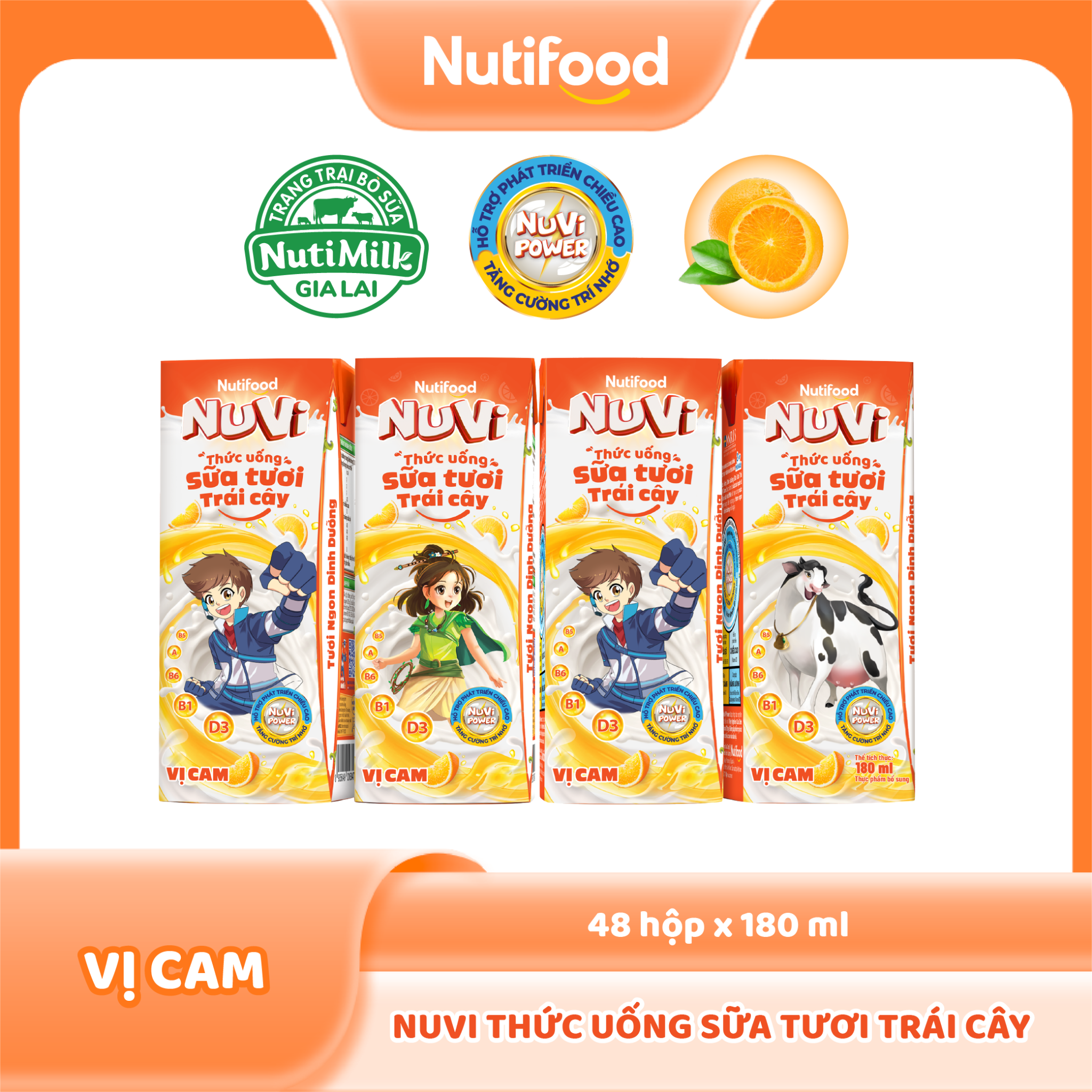 NuVi Thức Uống Sữa Tươi Trái Cây Vị Cam 180ml