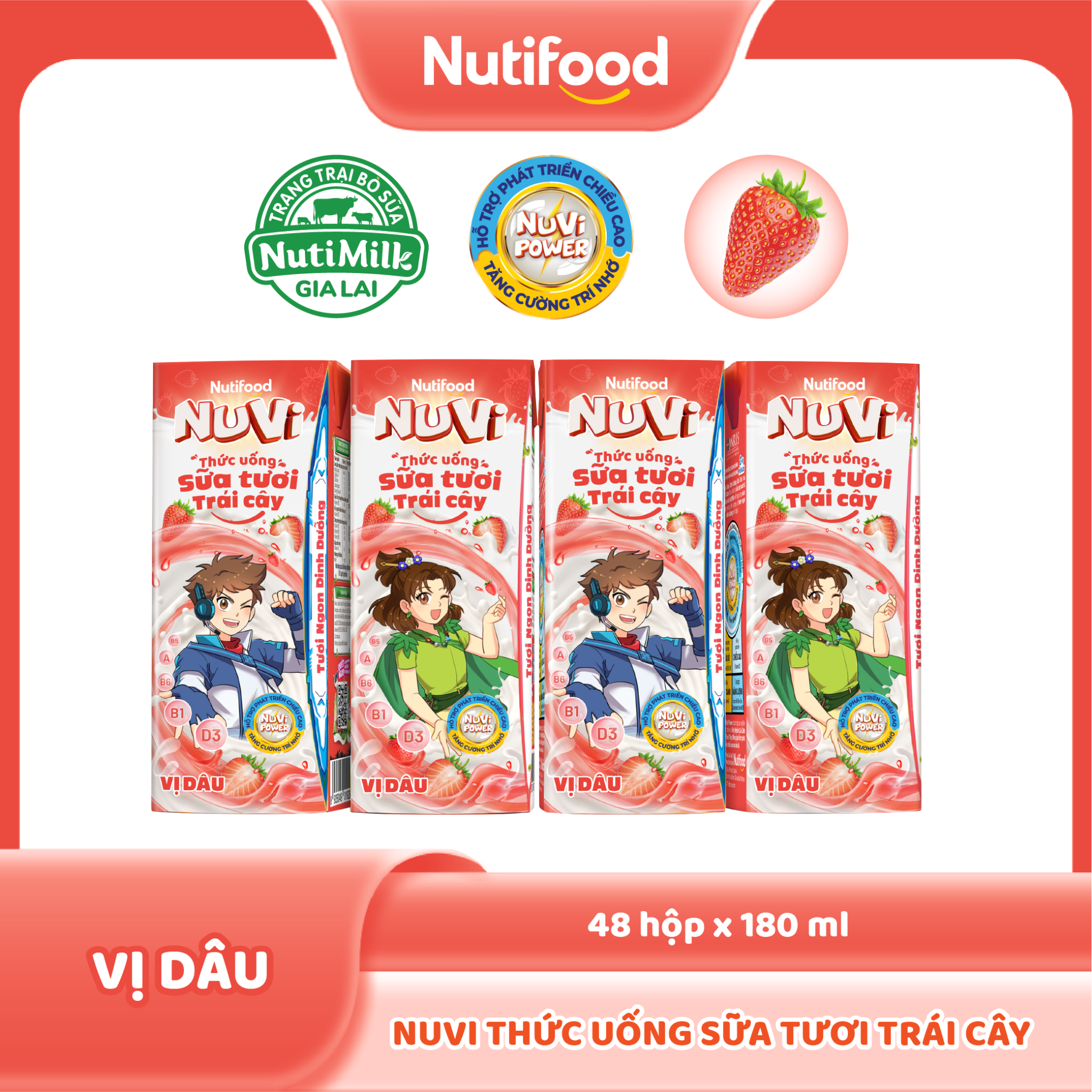 NuVi Thức Uống Sữa Tươi Trái Cây Vị Dâu 180ml