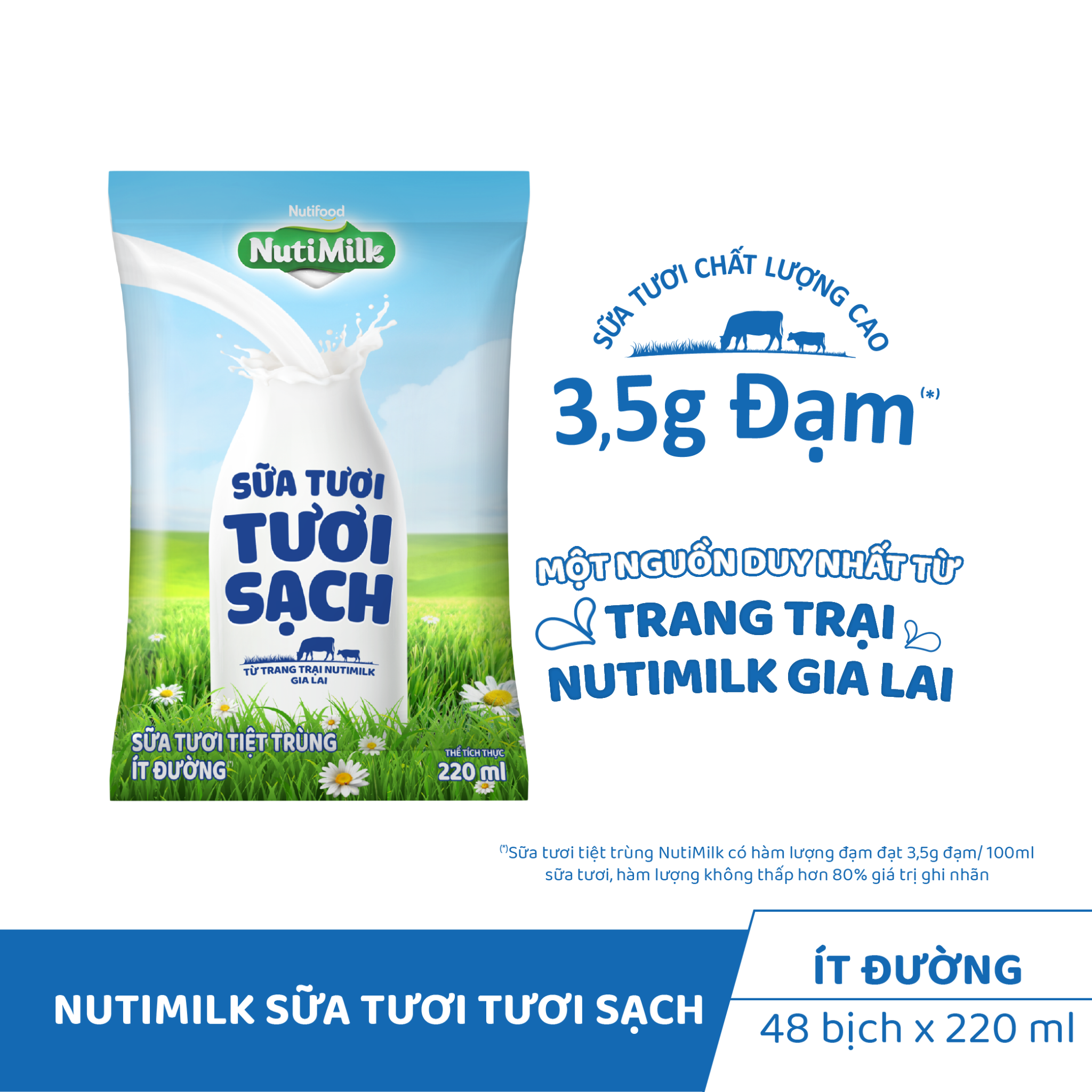 NutiMilk Sữa Tươi Tươi Sạch Ít Đường - Bịch 220ml