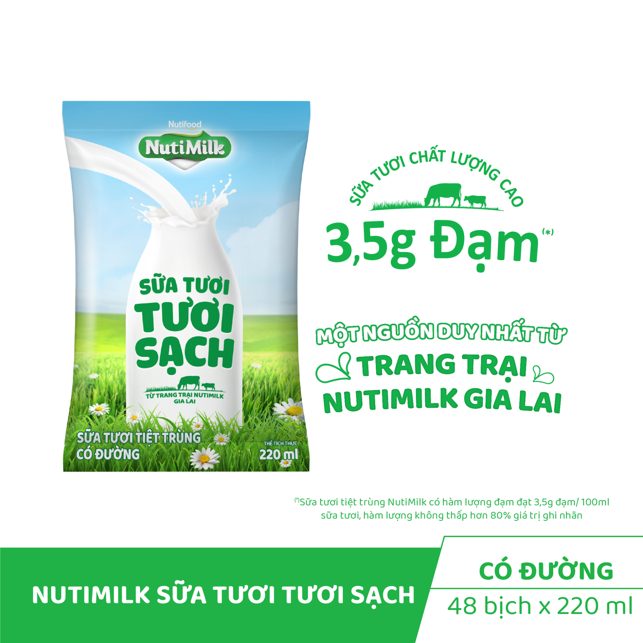 NutiMilk Sữa Tươi Tươi Sạch Có Đường - Bịch 220ml