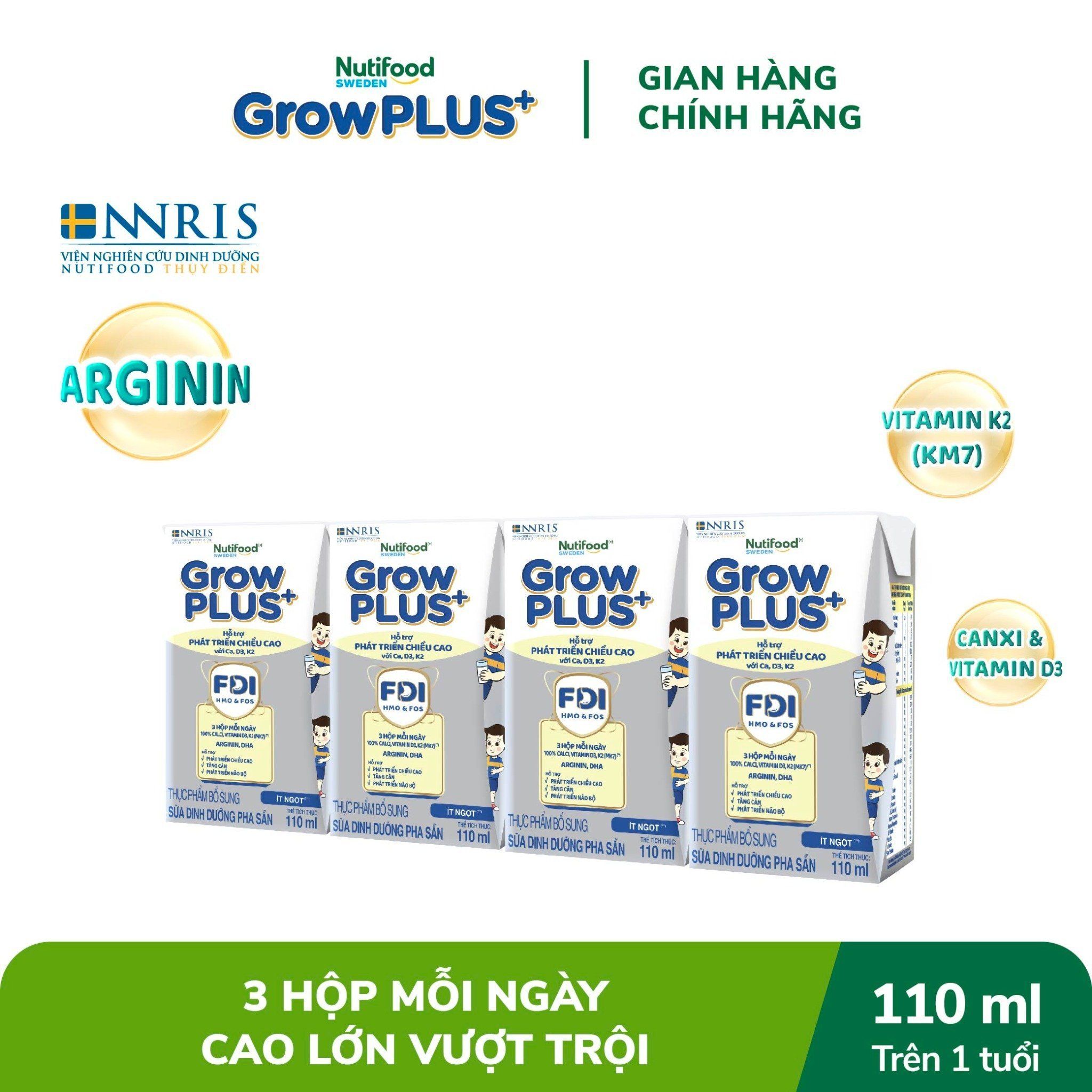 Sữa Bột Pha sẵn Nutifood GrowPLUS+ Cao Lớn Vượt Trội trên 1 tuổi 110ml