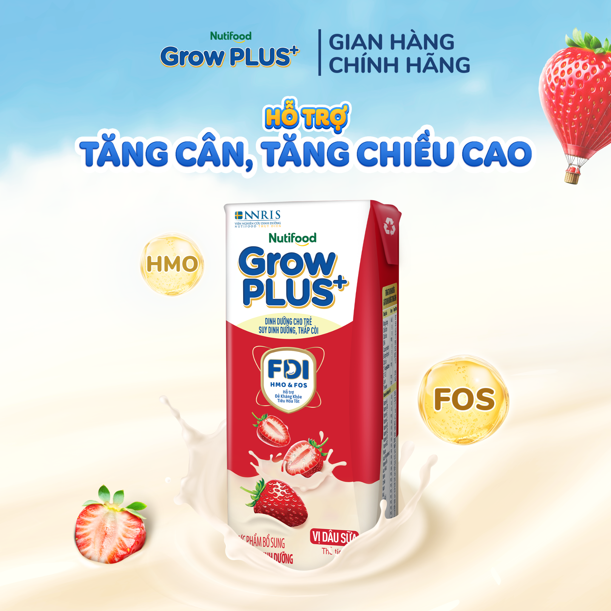 Sản phẩm sữa uống dinh dưỡng GrowPLUS+ Vị Dâu Sữa Hộp 180ml - thùng 24 hộp