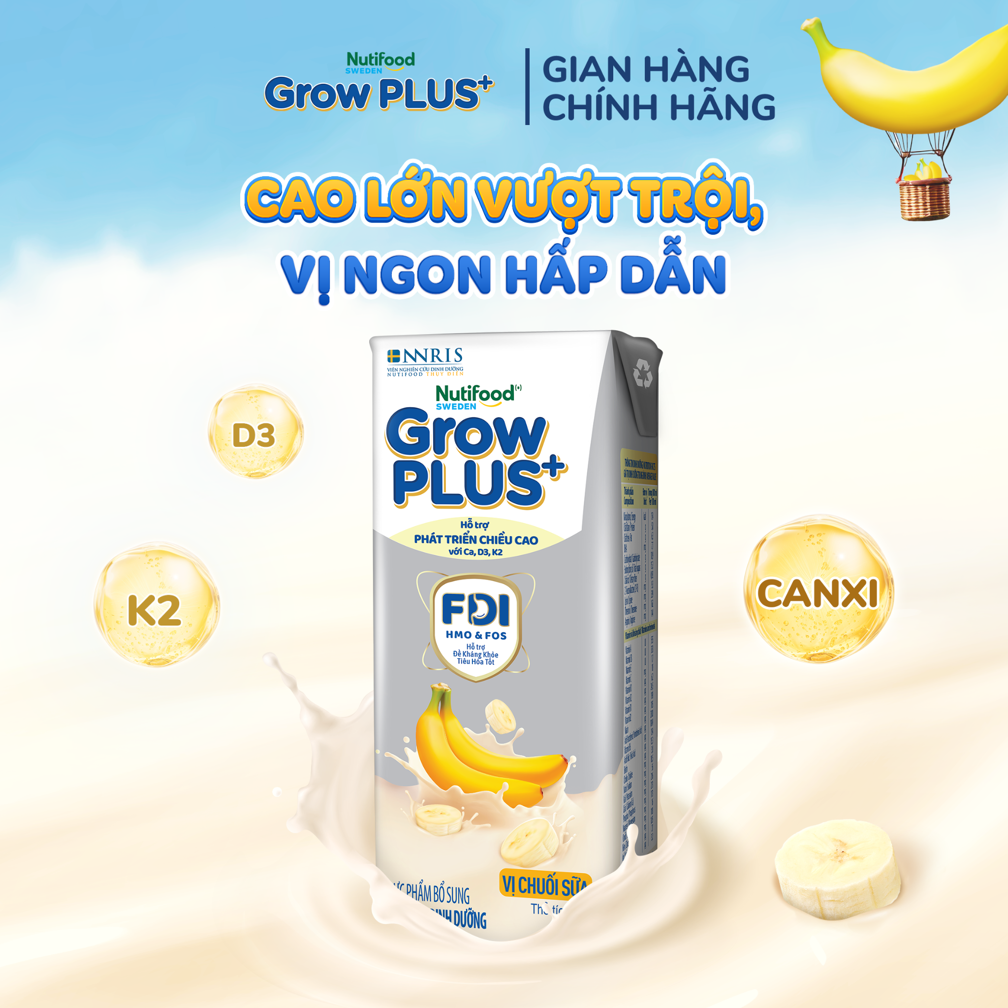 Sản phẩm sữa uống dinh dưỡng GrowPLUS+ Vị Chuối Sữa Hộp 180ml - thùng 24 hộp