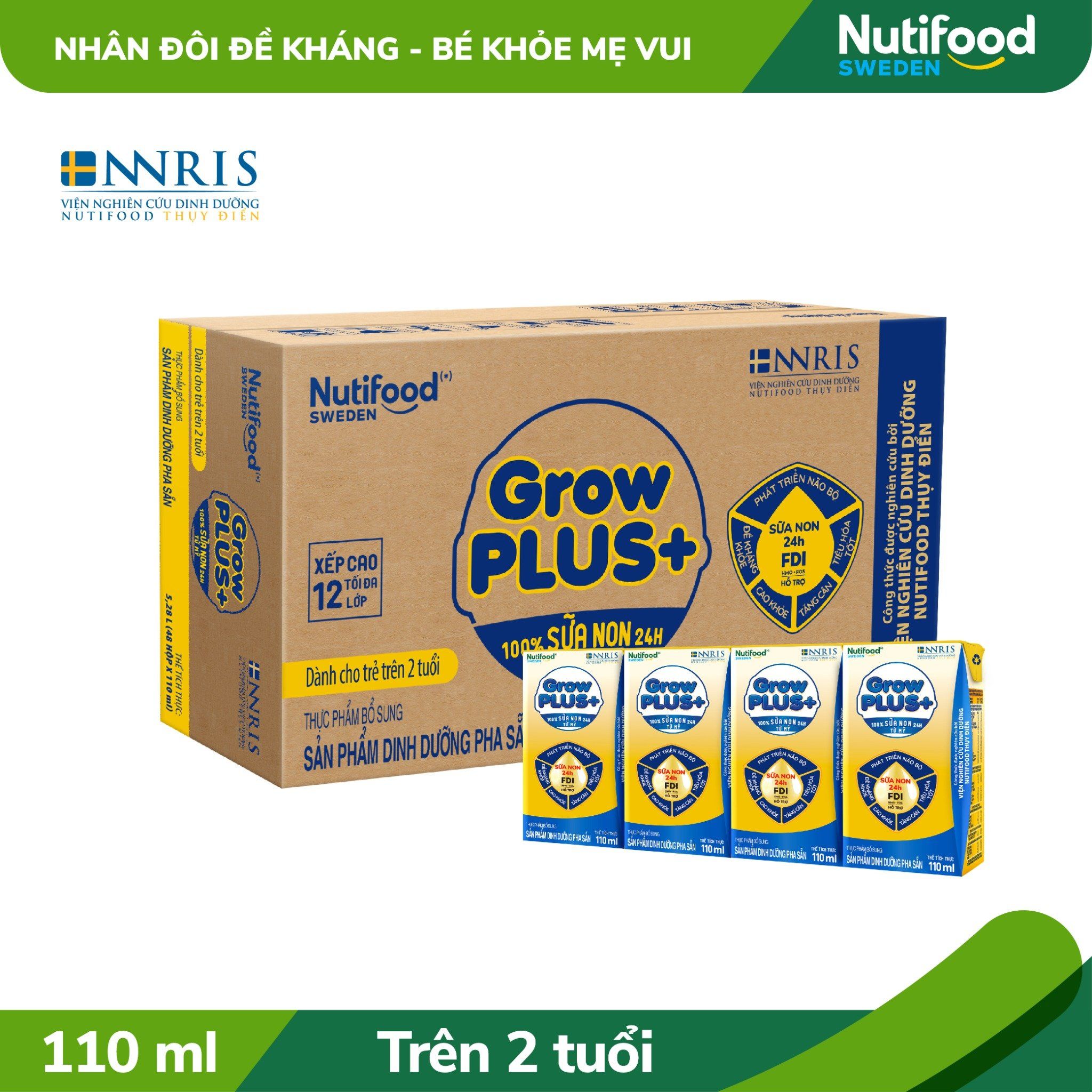 Sữa bột pha sẵn Nutifood GrowPLUS+ Sữa Non Tăng Đề Kháng 2+ hộp 110ml