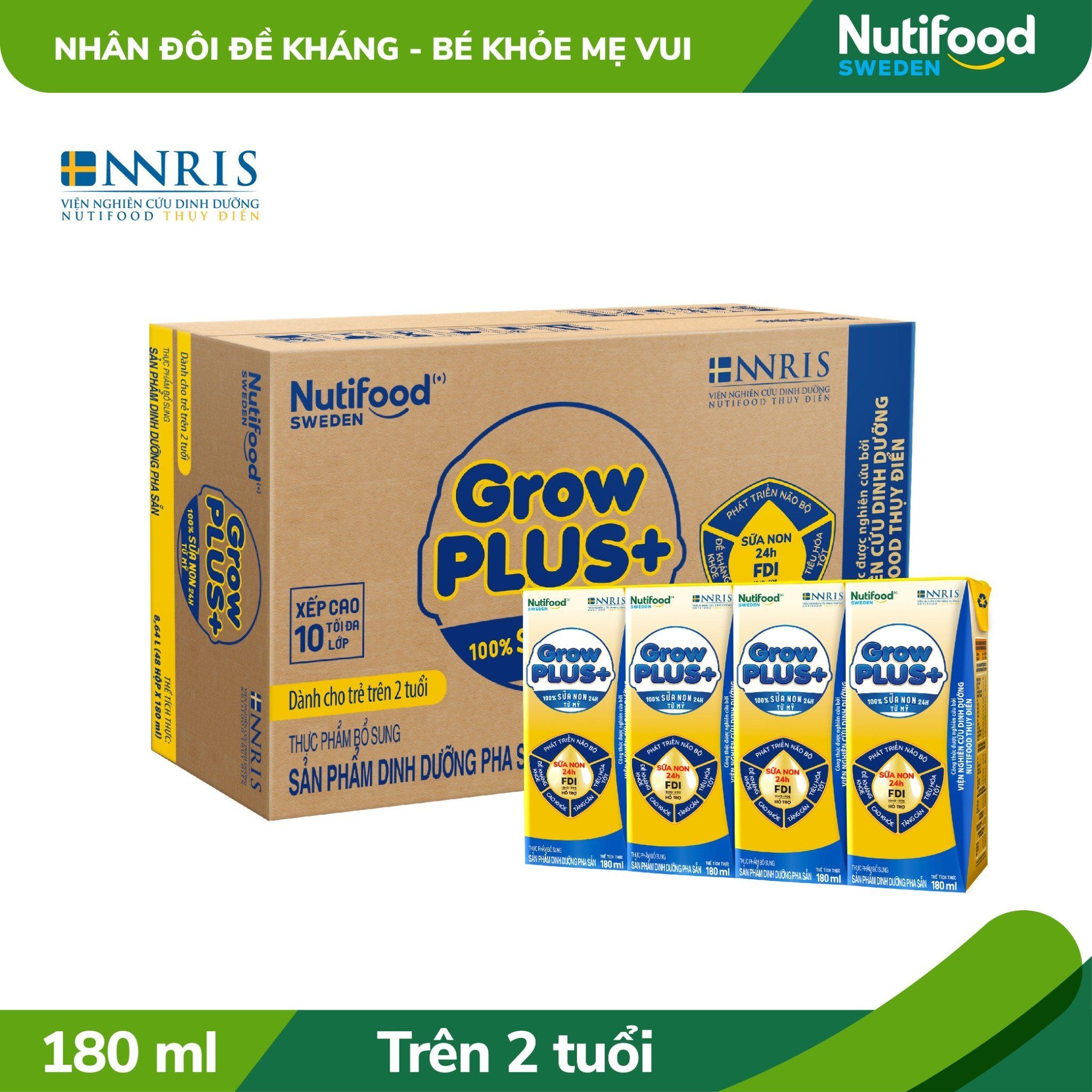 Sữa bột pha sẵn Nutifood GrowPLUS+ Sữa Non Tăng Đề Kháng 2+ hộp 180ml