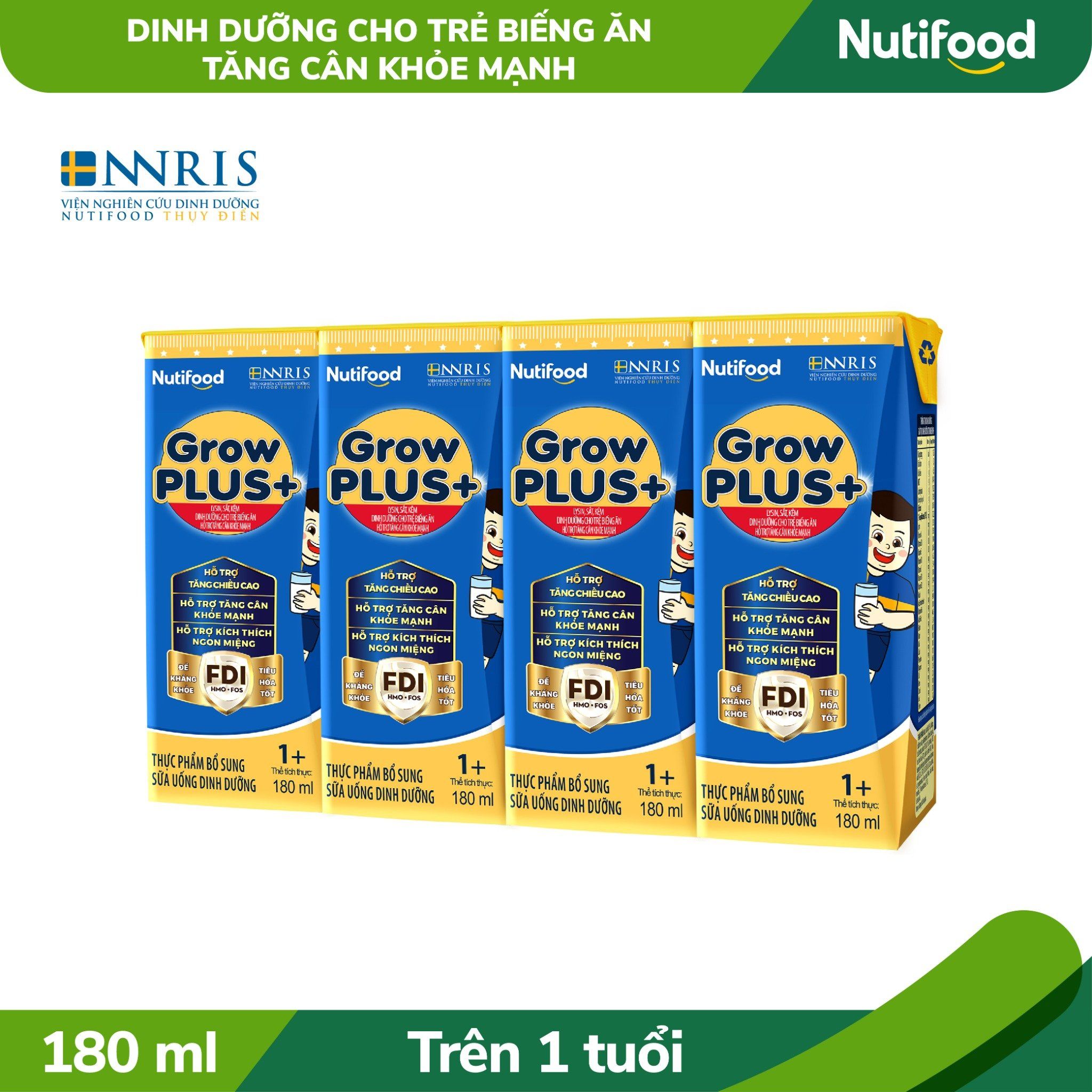 Sữa bột pha sẵn GrowPLUS+ Biếng ăn (XANH) cho trẻ tăng cân khoẻ mạnh 1+ hộp 180ml